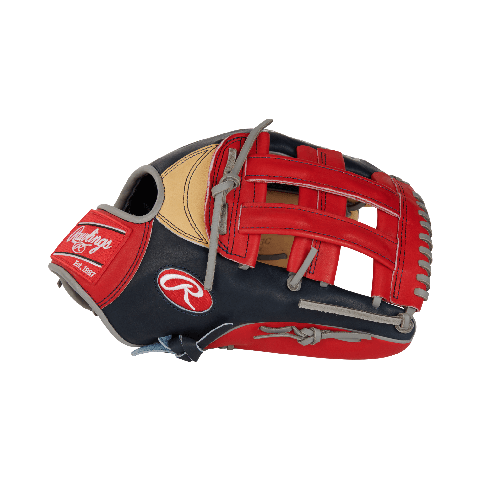 Rawlings Pro Preferred R. Acuna Jr. baseball glove in red and black, 12.75 inches, designed for outfield performance.