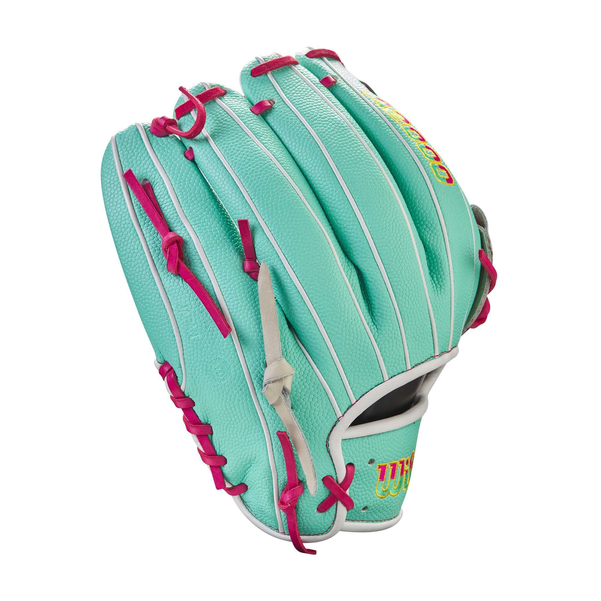 Wilson A2000 Glove of the Month September 2023 Jake Cronenworth, 12 inch in teal and pink color scheme.
