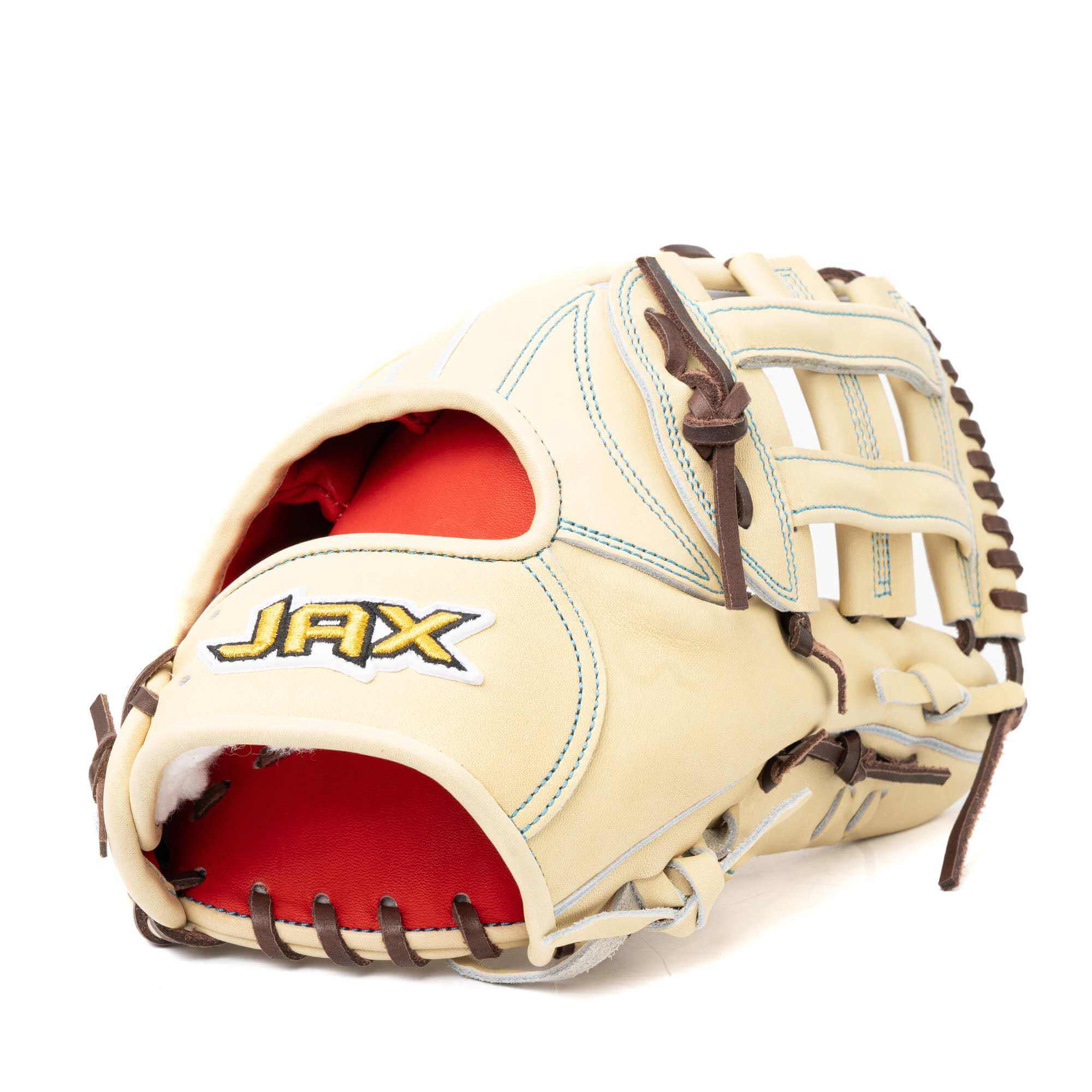 Jax LJ-10 Blonde 12.5” Outfield Glove back view showing split-gray welting and blonde steerhide construction.