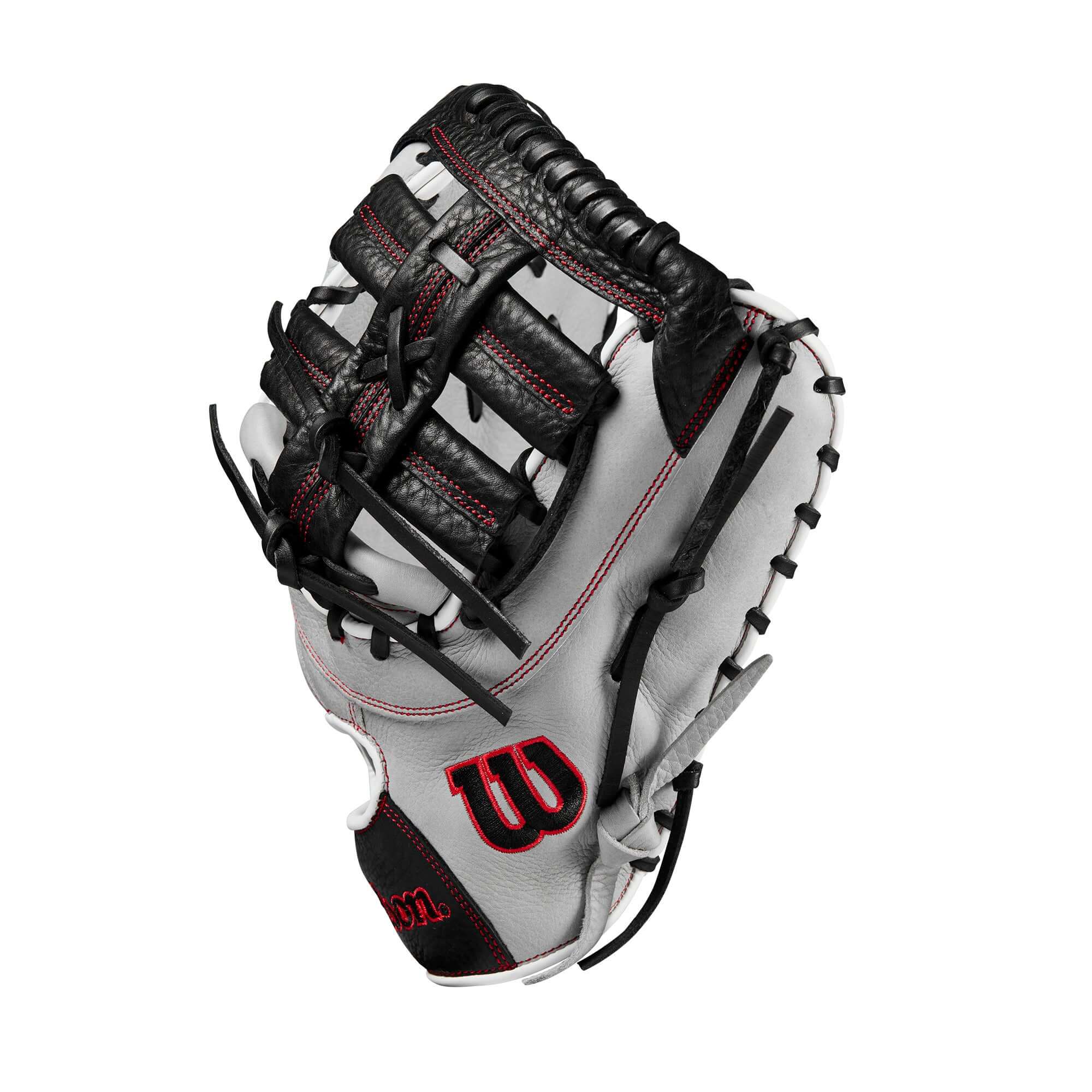 Wilson 2024 A1000 1620 First Base Mitt in Silver, Black, and Red, 12.5 inches, designed for easy handling and performance.