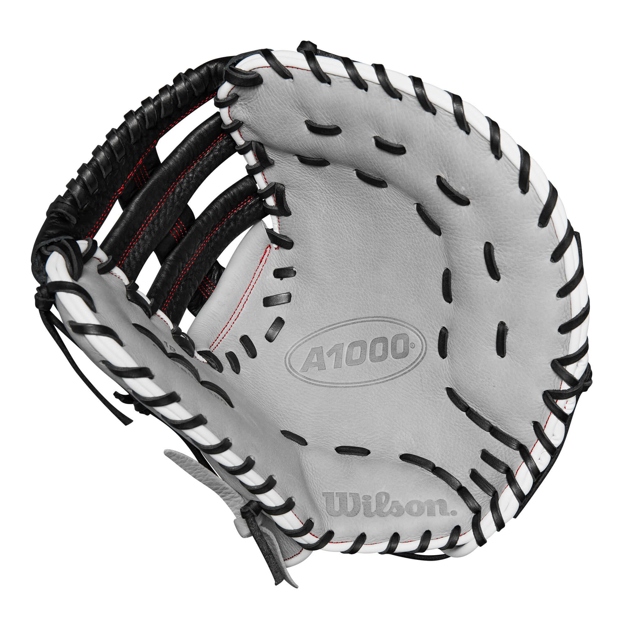Wilson A1000 1620 first base mitt in silver and black, showcasing soft leather and professional design features.