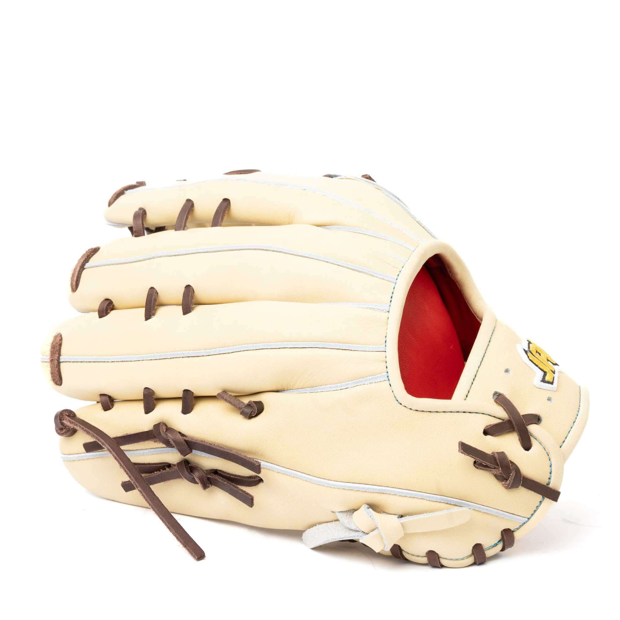 Jax LJ-10 12.5” Outfield Glove finger details with split gray welting and red liner peek.