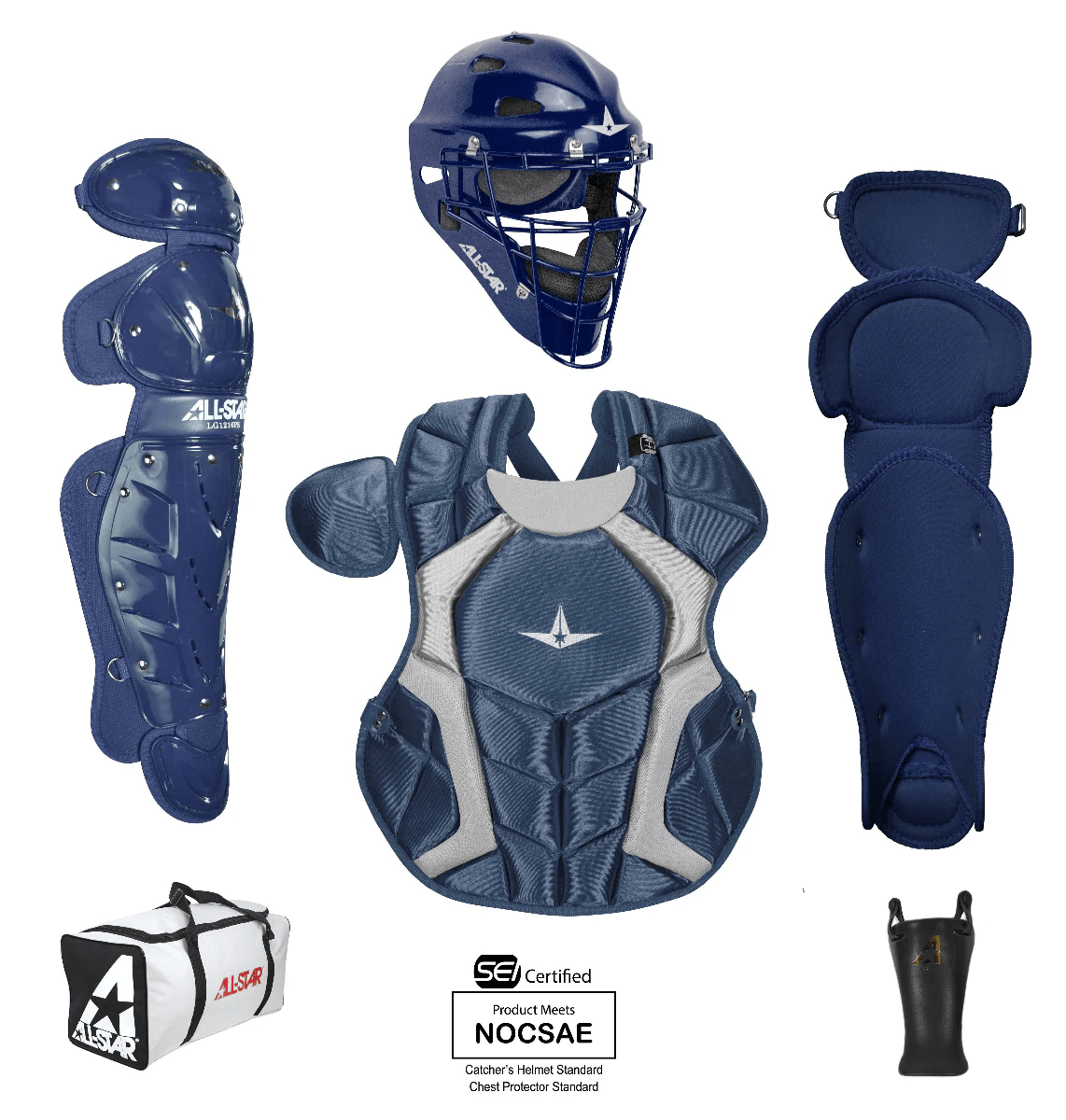 All-Star Player's Series Catching Kit for Ages 12-16, includes mask, chest protector, leg guards, throat guard, and bag.