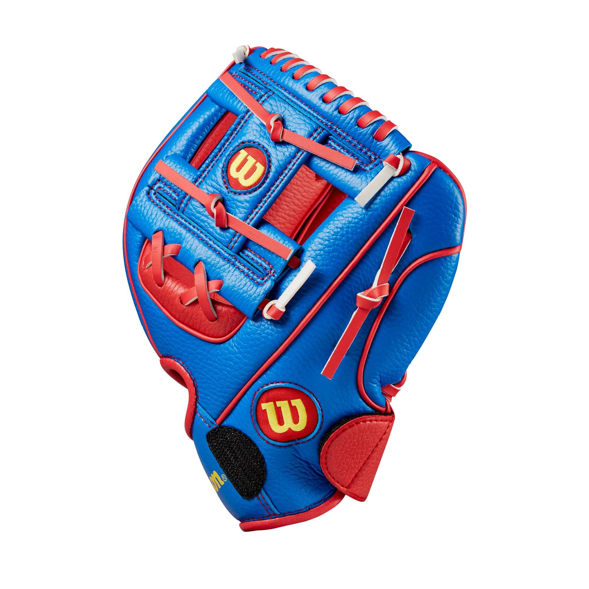 Wilson 2024 A200 EZ Catch 10" T-Ball Glove in royal blue and red, designed for young players with secure fit and catch assist strap.