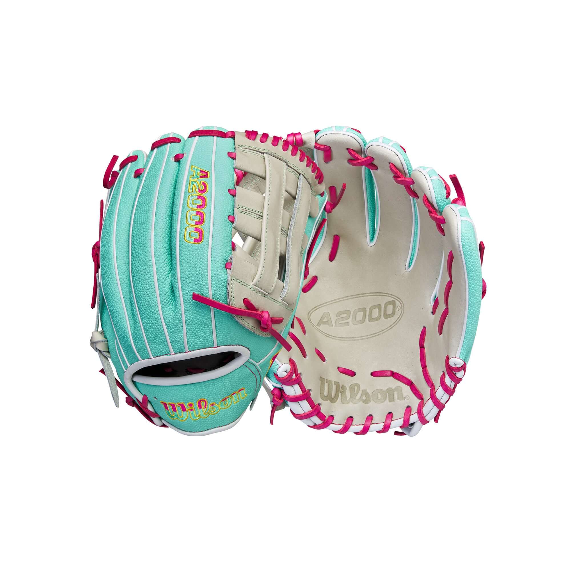 Wilson A2000 Glove of the Month September 2023, Jake Cronenworth, 12-inch infielder glove in teal and pink.