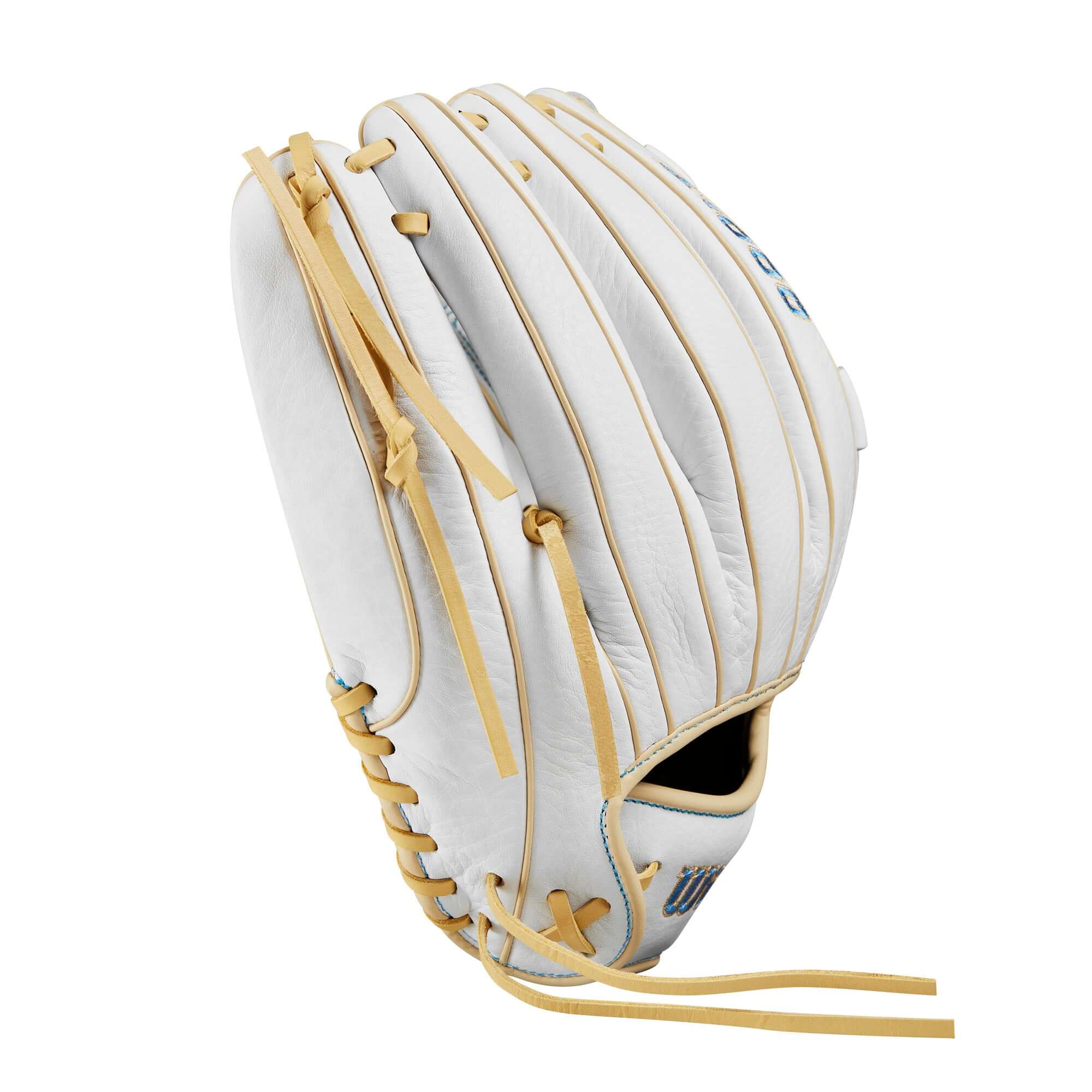 Wilson 2024 A1000 V125 Fastpitch Softball Glove in White/Blue/Blonde, 12.5" utility glove for versatile play.