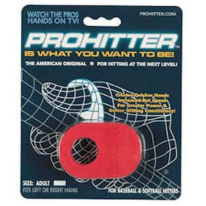 ProHitter Batting Aid packaging showcasing the red batting training tool for baseball and softball players.