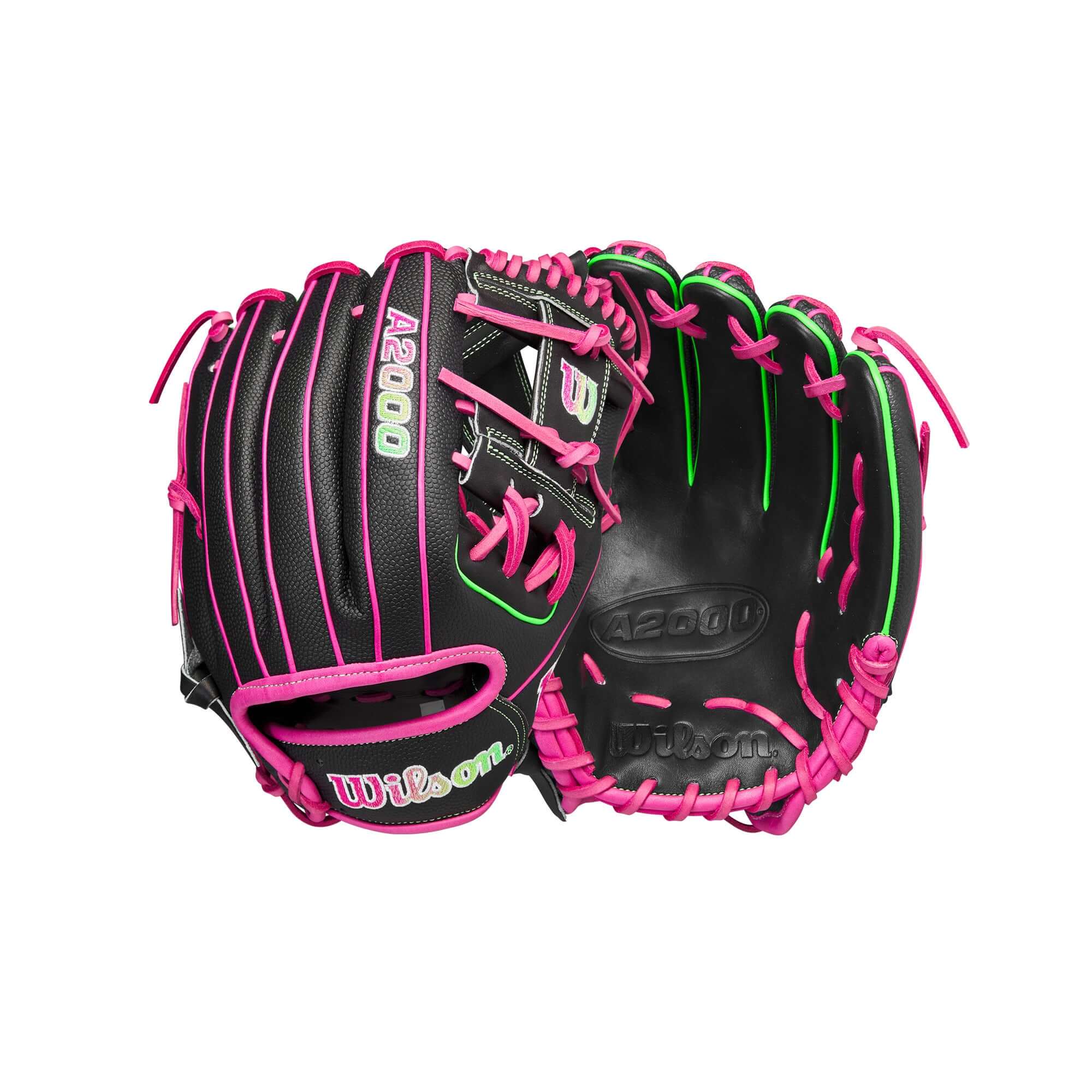 Wilson A2000 August 2023 glove in Black with pink and green accents, 11.75” deep pocket for enhanced performance.