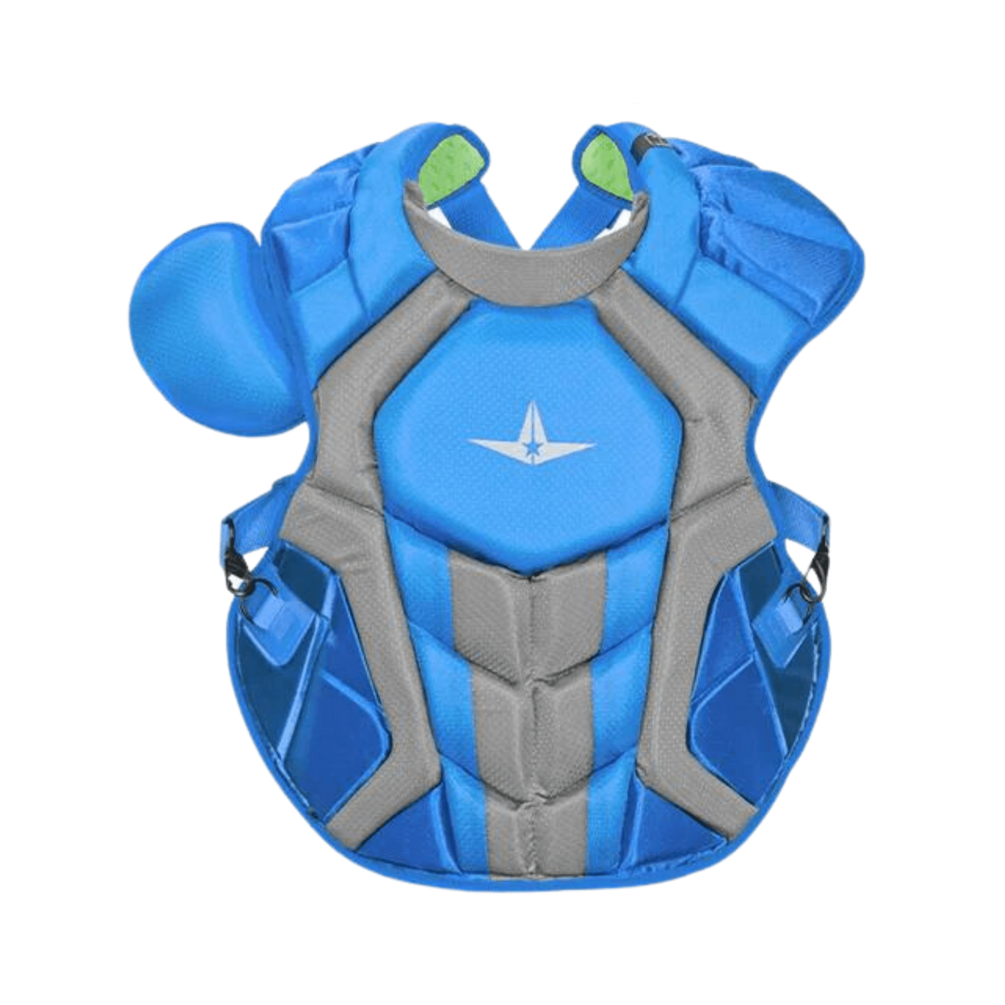 All-Star S7 Axis CC chest protector in blue, NOCSAE approved for adult players, featuring wedged abs for enhanced protection.