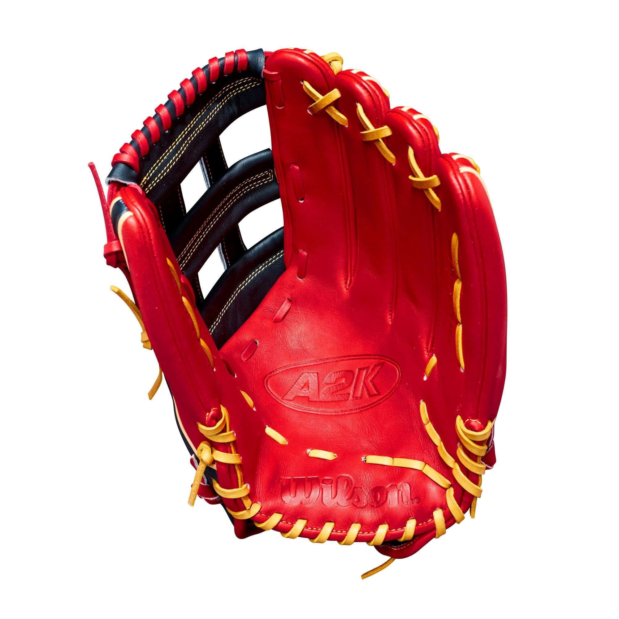 Wilson 2022 A2K JS22 GM Outfield Baseball Glove in red and black with dual post web for enhanced control and stability.