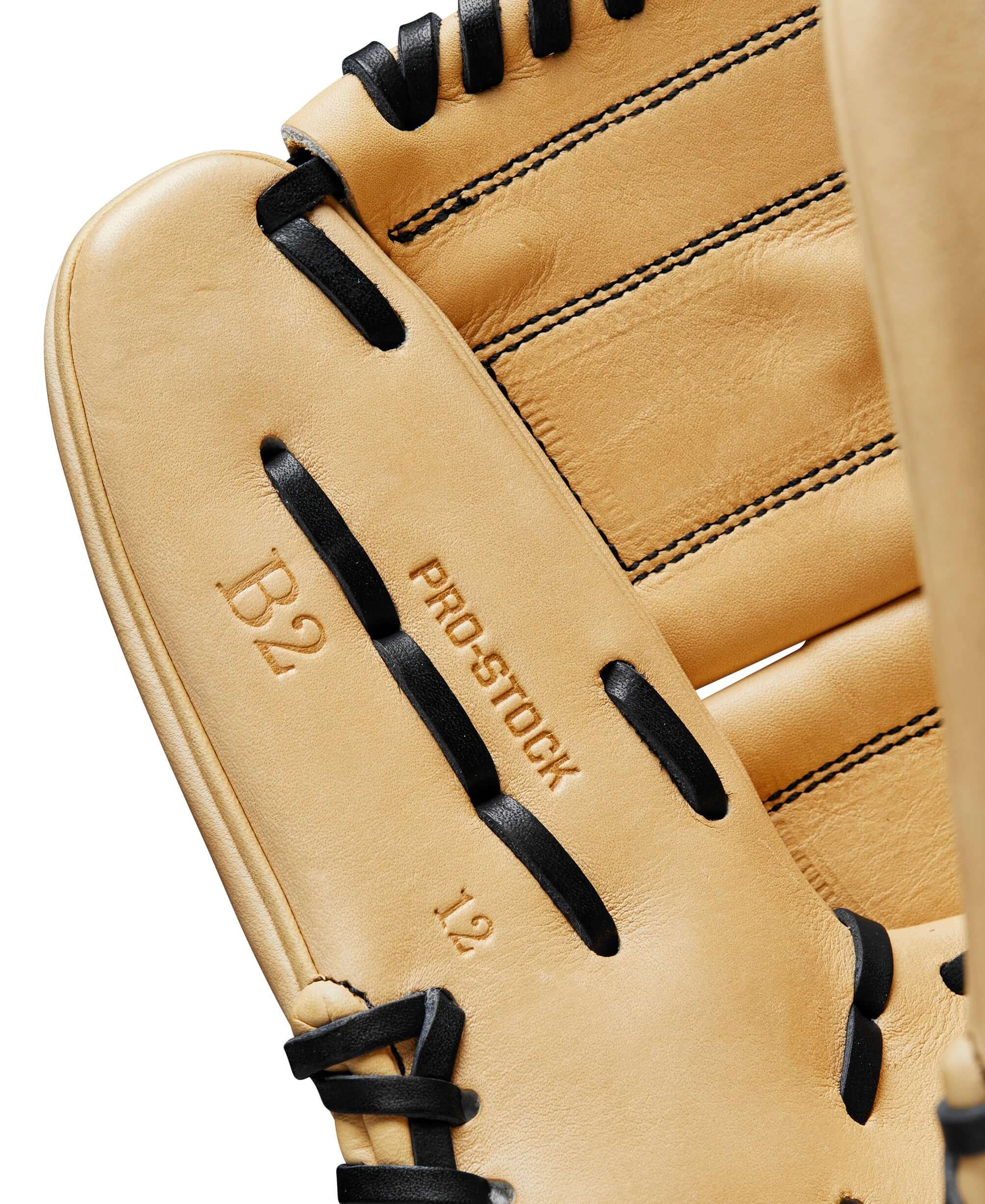 Close-up of the Wilson 2024 A2000 B2 pitcher's glove interior, featuring Pro Stock® leather and B2 label details.