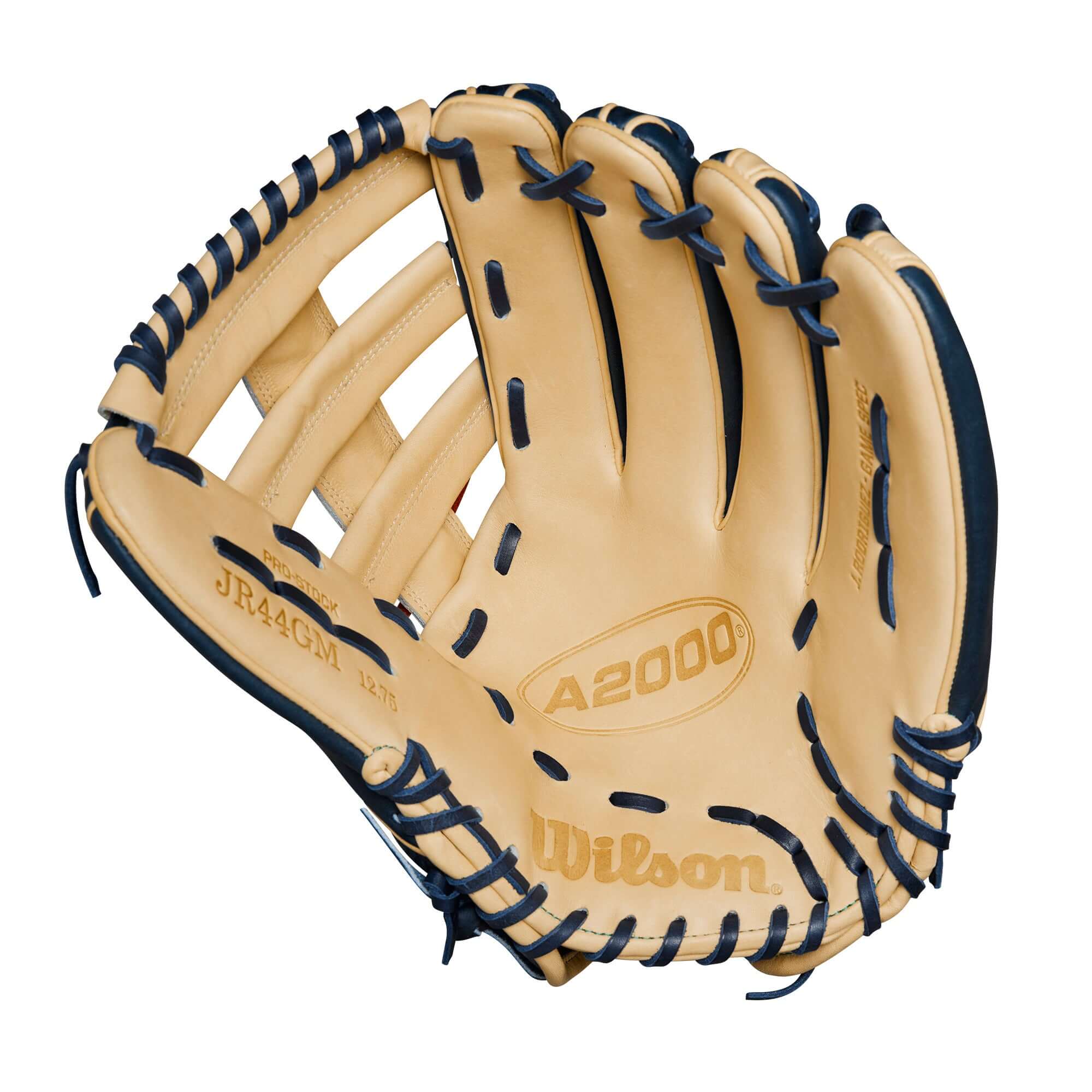 Wilson A2000 JR44 GM baseball glove in Navy Blue and Blonde, designed by Julio Rodriguez for optimal performance.
