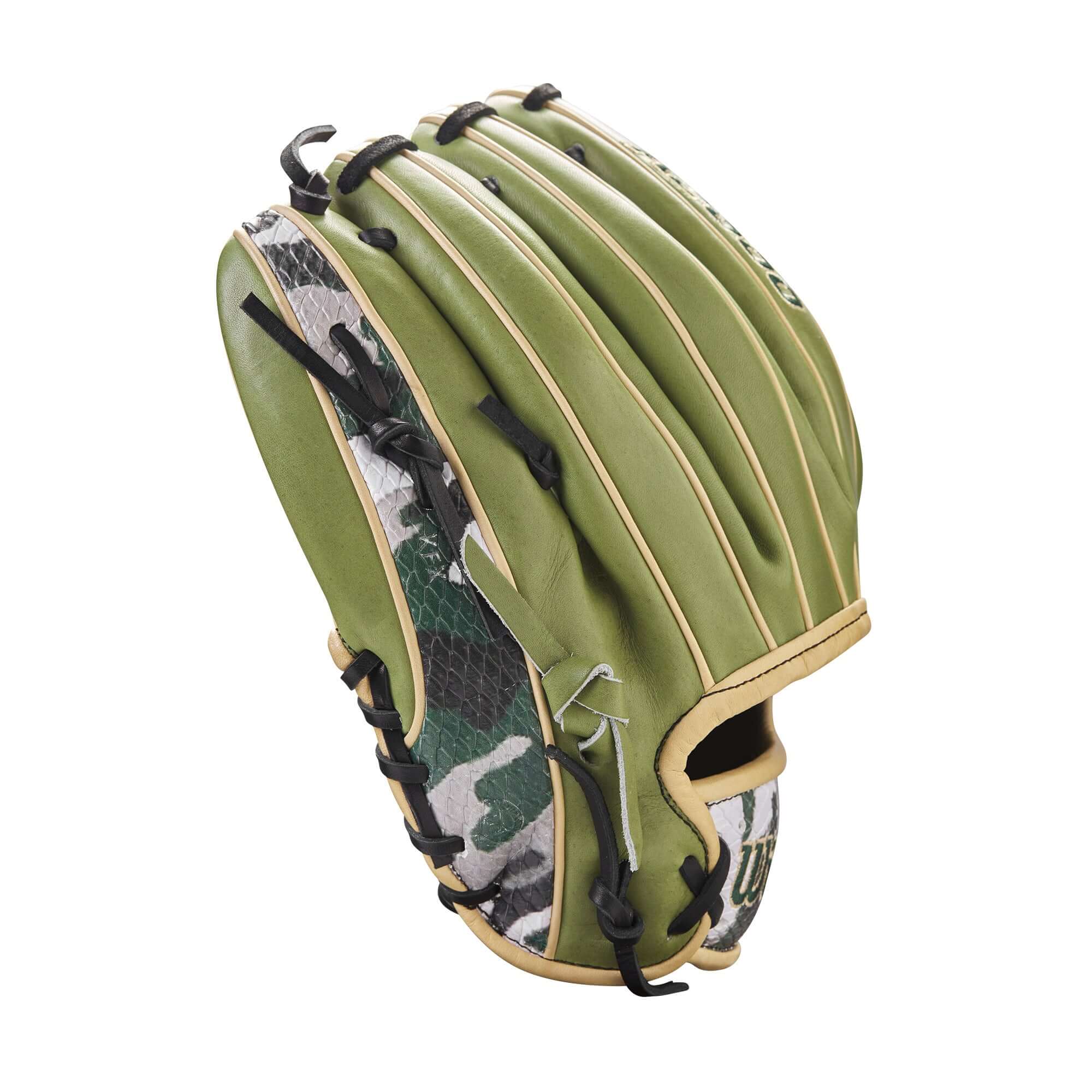 Wilson A2000 GOTM November 2023 glove in Olive Green and camouflage SuperSnakeSkin™ with H-Web design.