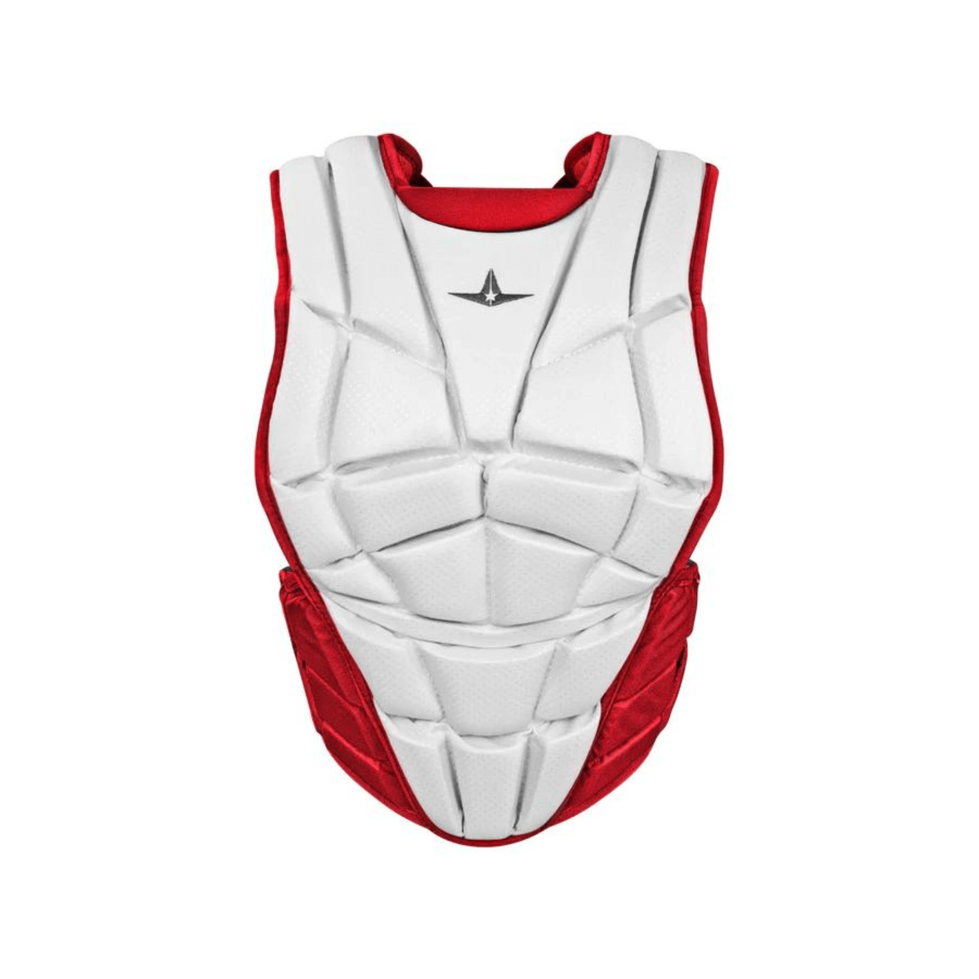 All-Star AFx Fastpitch Chest Protector in white and red, designed for elite female catchers with a lightweight, breathable fit.