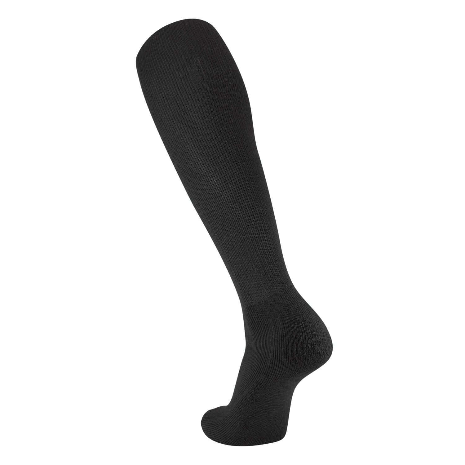 TCK Tube Sock in black, featuring over-calf design, cushioned foot bed, and ribbed texture for sports comfort.