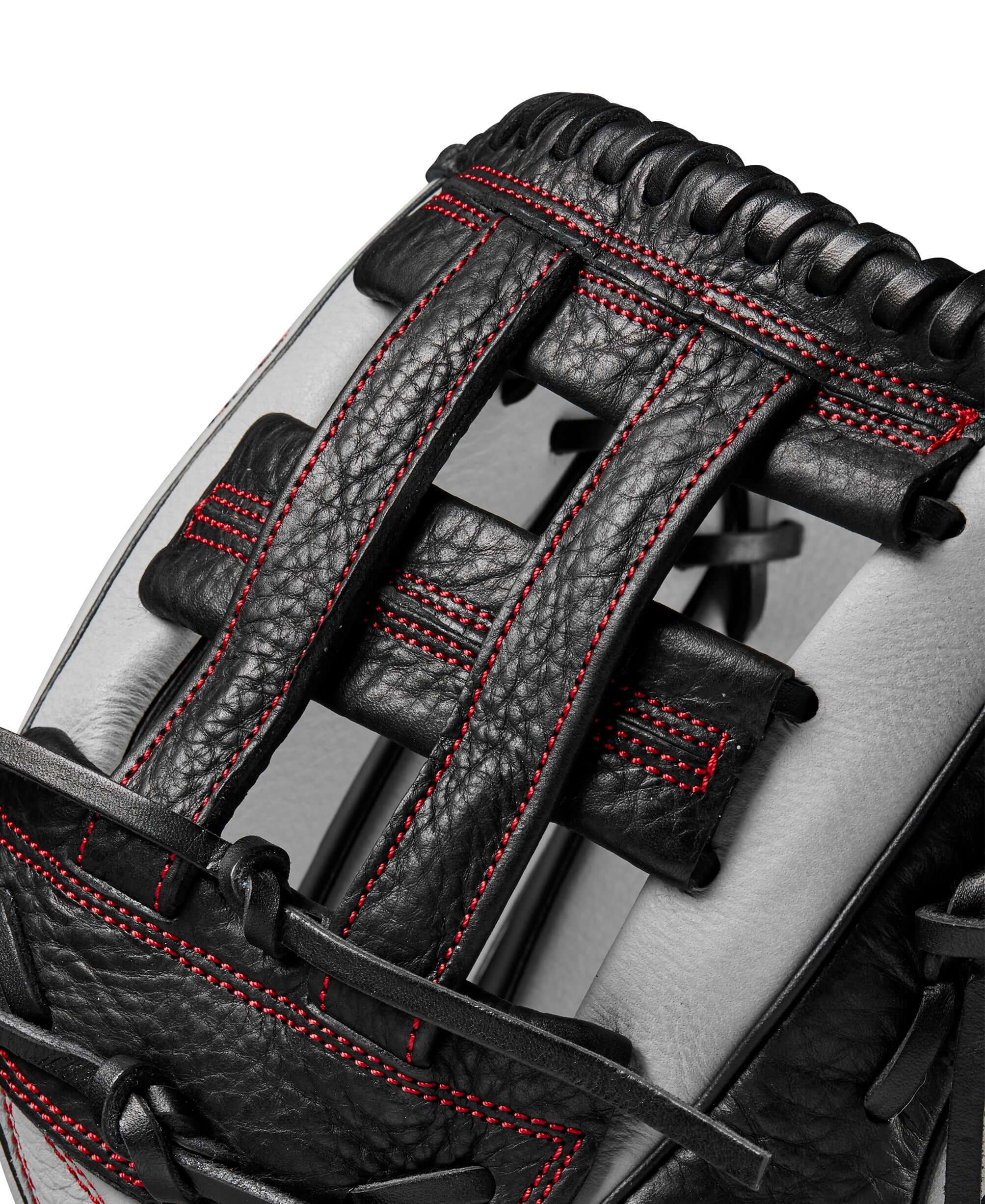 Close-up of the Wilson 2024 A1000 1750 outfield glove showcasing the Dual Post Web and premium leather detail.