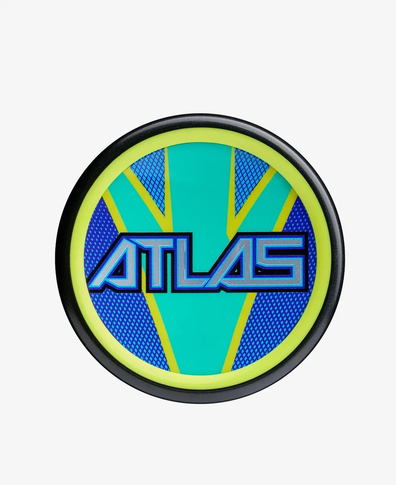 End cap view of 2026 Louisville Slugger Atlas Hybrid Green (-3) BBCOR Baseball Bat featuring blue 'Atlas' graphics on green background.