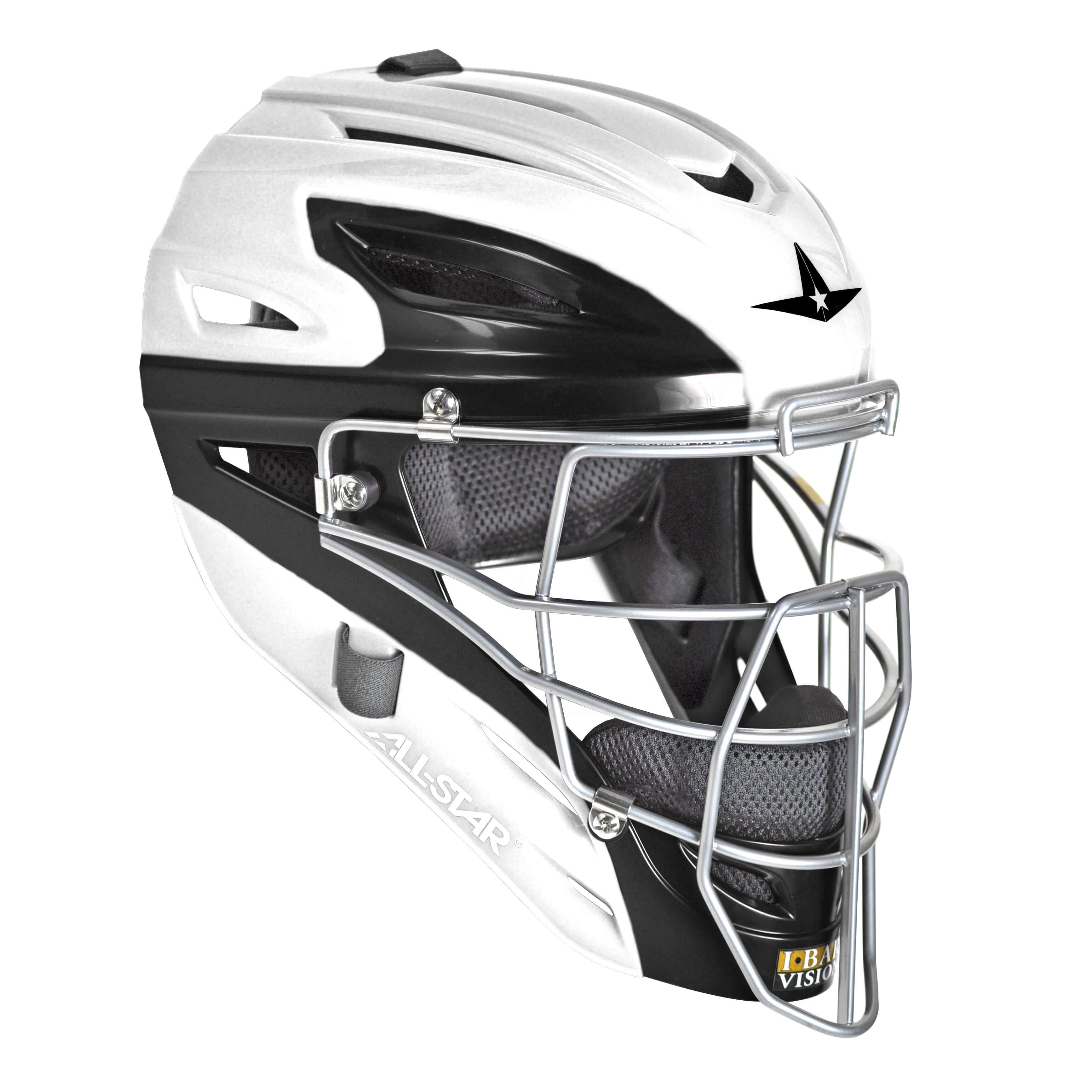 All-Star AFx Fastpitch Helmet in white and black, designed for maximum vision and protection, ideal for professional catchers.