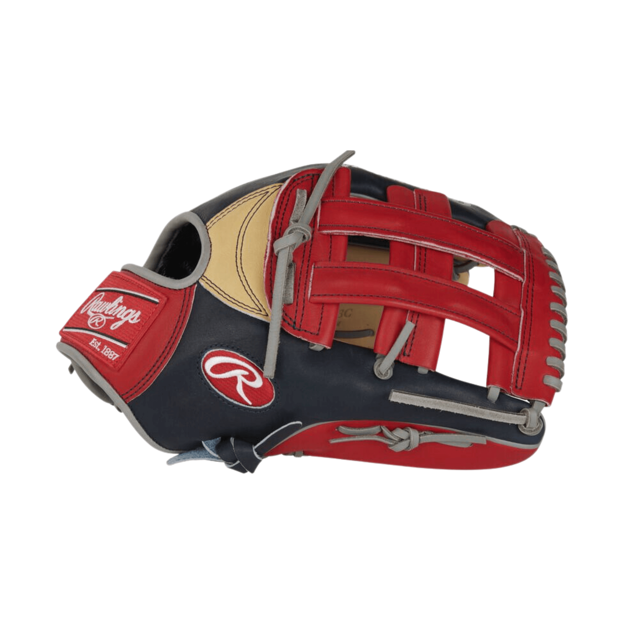 Rawlings Pro Preferred 12.75" baseball glove in red and black, designed for Ronald Acuna Jr. with a professional outfield pattern.