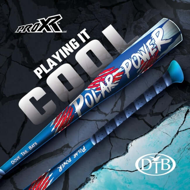 Dove Tail Bats Polar Power metal bat featuring ProXR technology, red/white/blue design, and 'Playing It Cool' slogan on a cool backdrop.