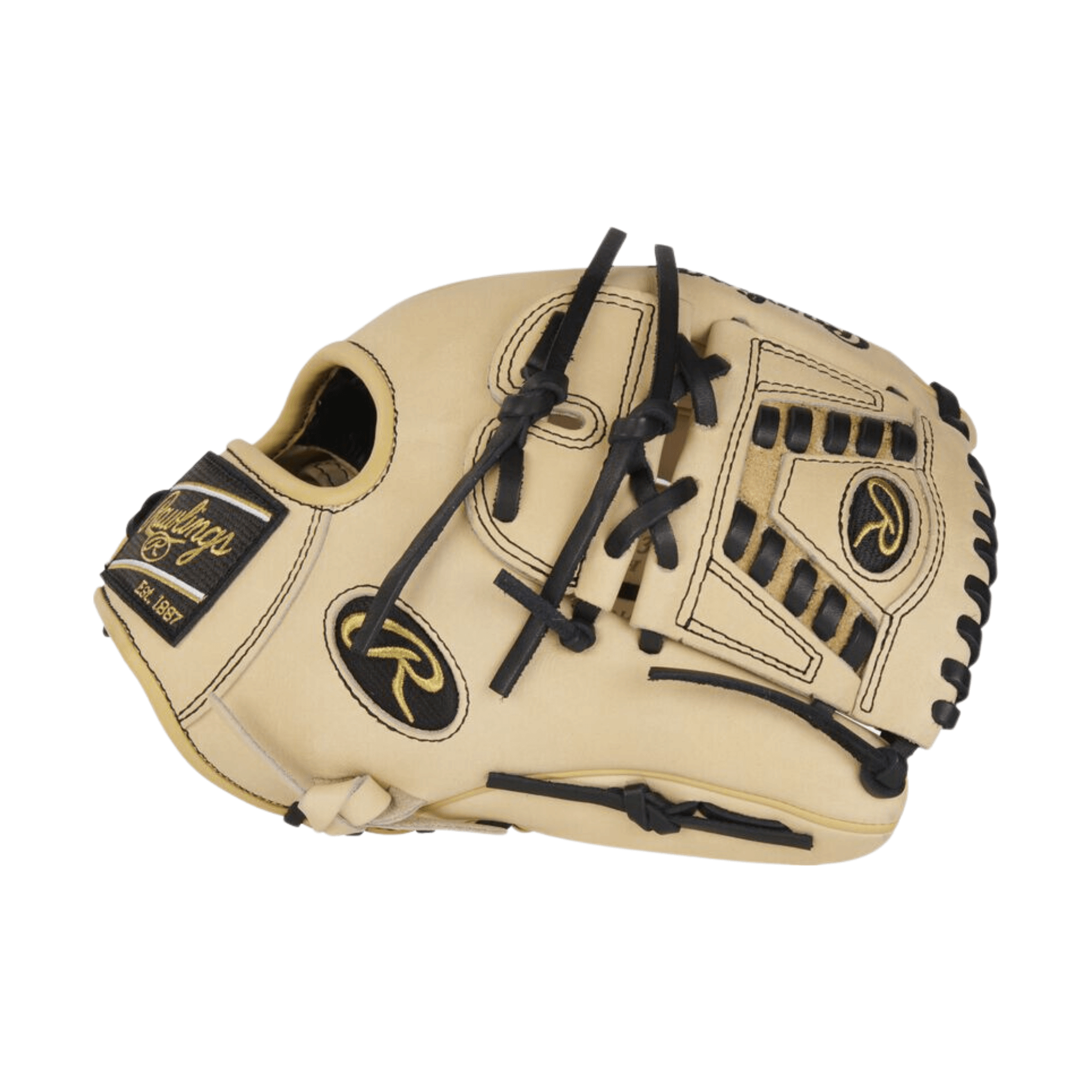 Rawlings Heart of the Hide 11.75-inch infield/pitchers glove in camel and black colors, showcasing solid web design.