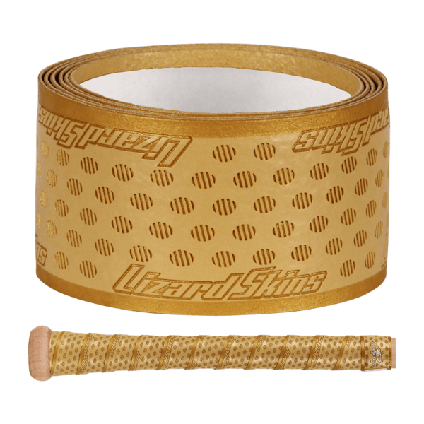 Lizard Skins DSP Ultra Bat Grip in Vegas Gold, showcasing the textured surface and installation ease.