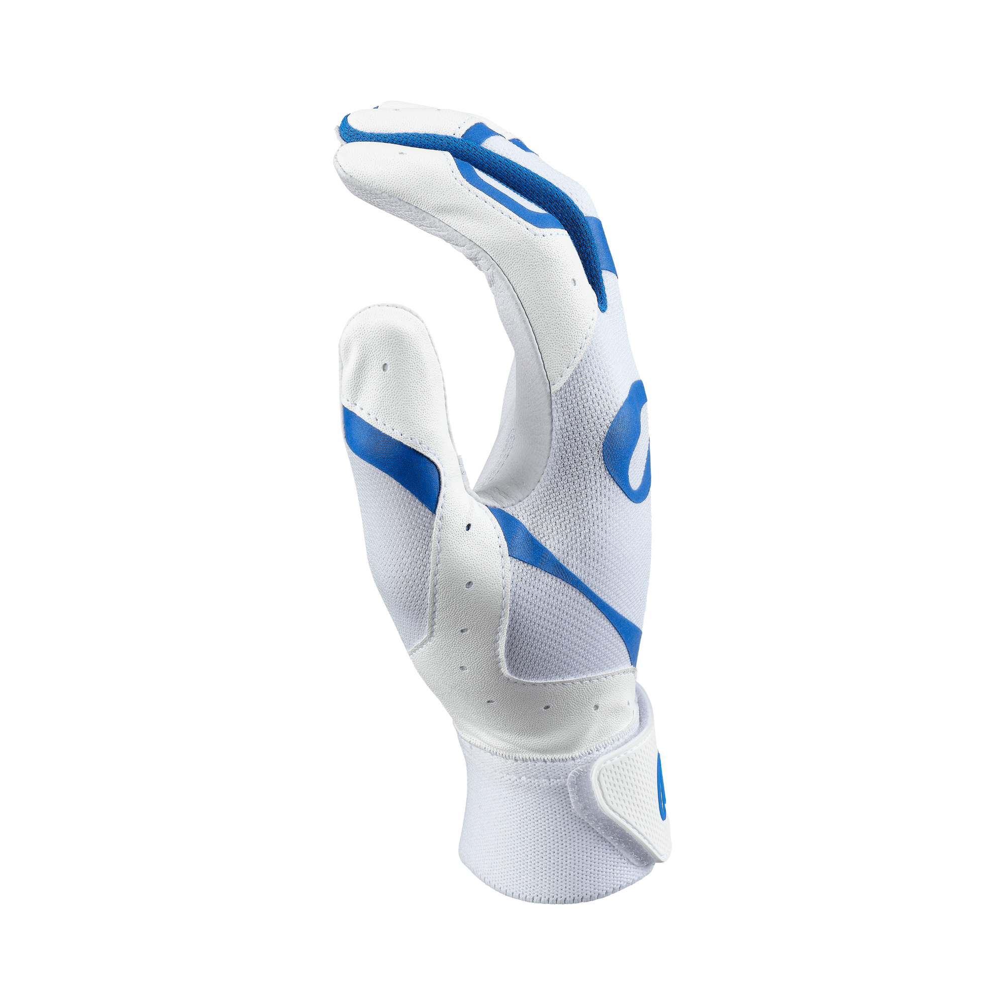 Rawlings 5150 II adult batting glove in white and royal blue, designed for comfort and performance in baseball.