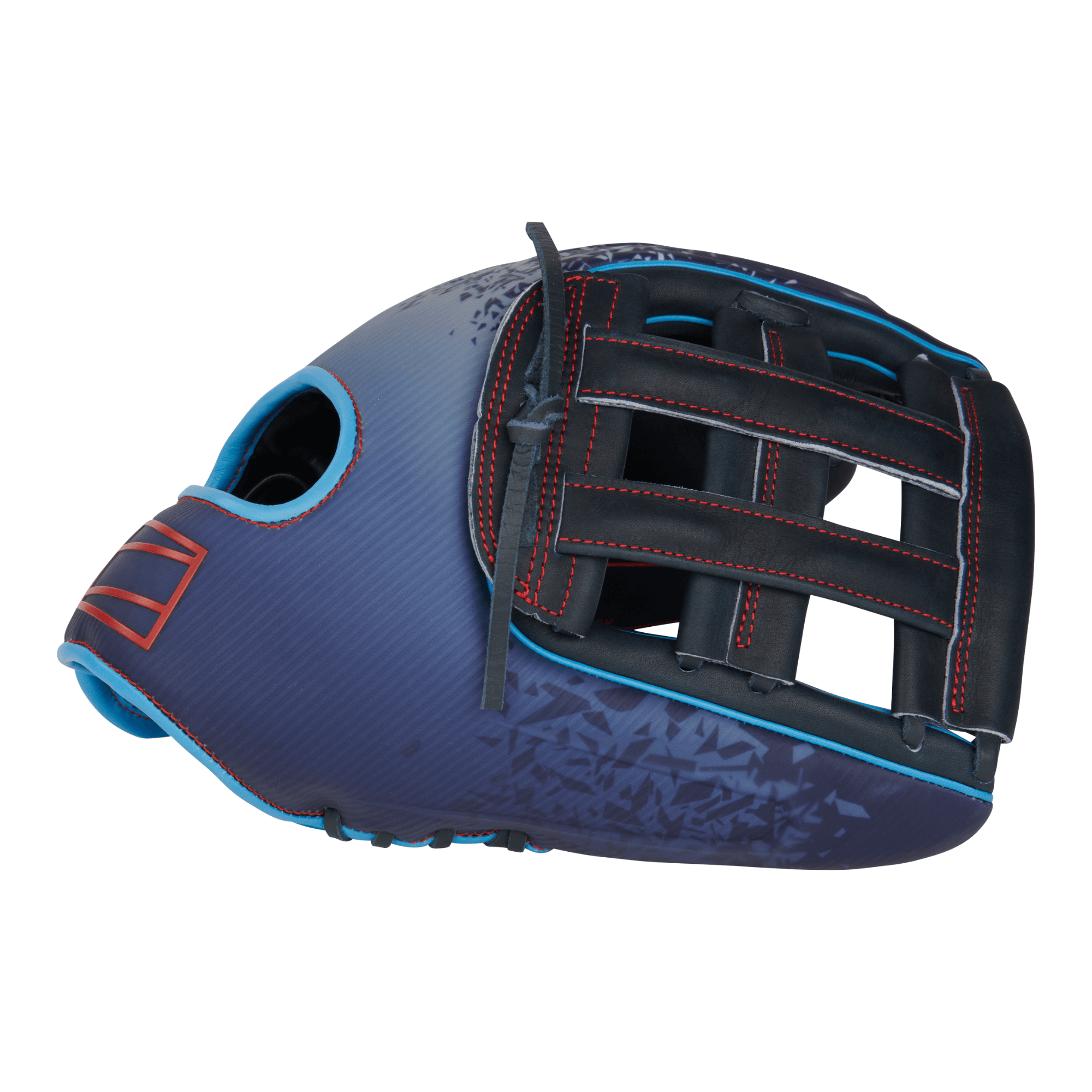 Rawlings REV1X Series 12.75" outfield glove in navy-to-white with black leather palm and unique design features.