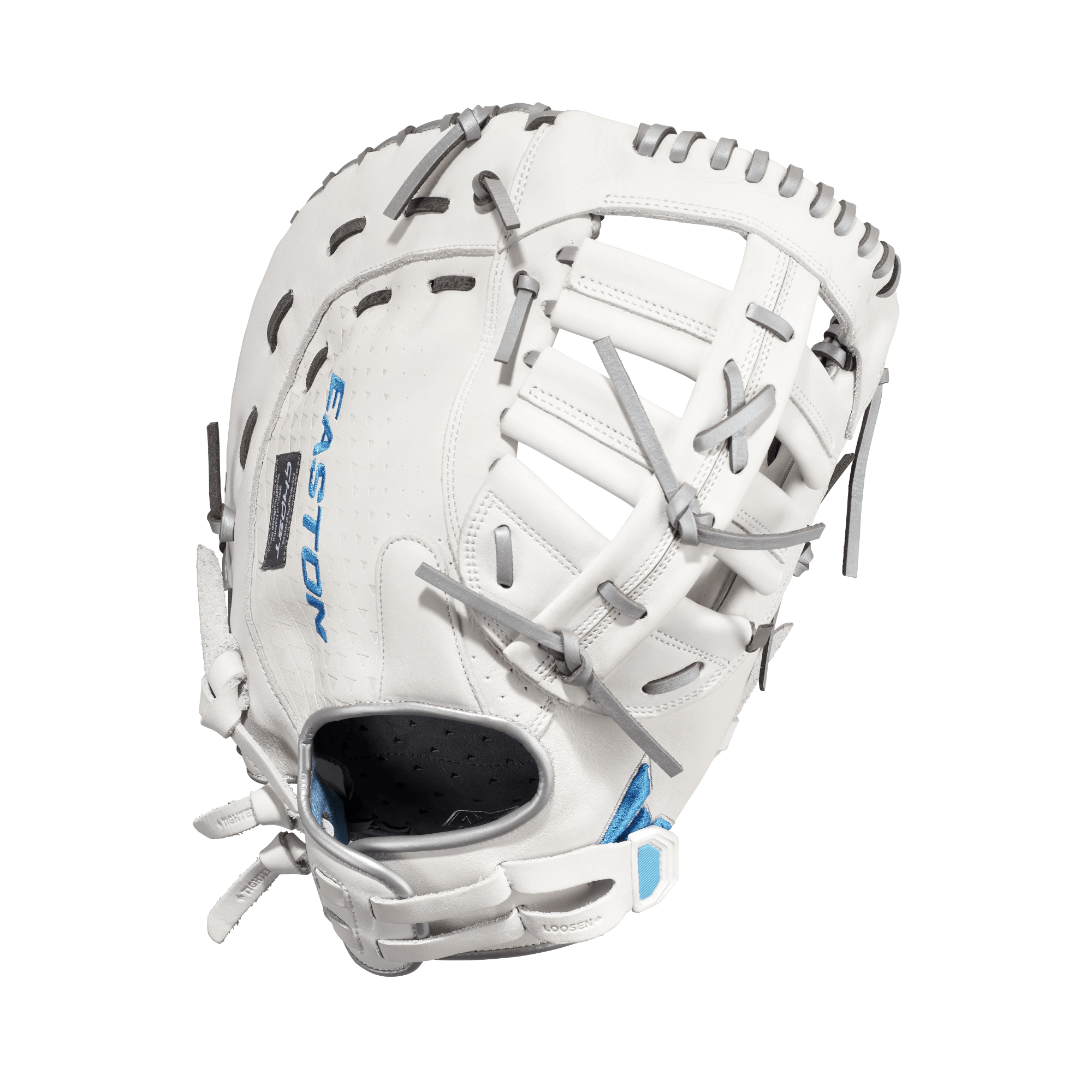 Easton Ghost NX FP Series 13" Fastpitch First Base Mitt Softball Glove in white with Flex Notch closure system.