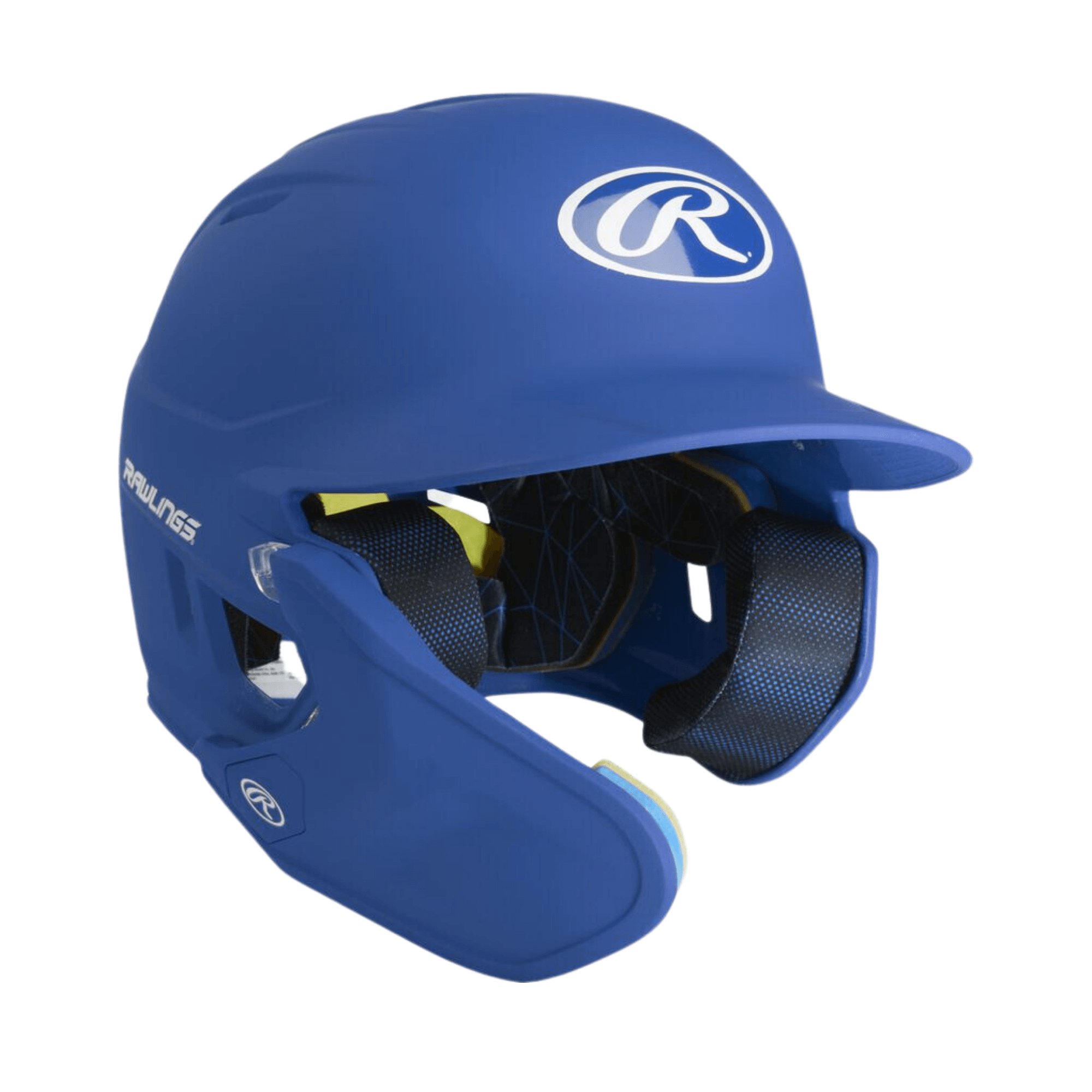 Rawlings Mach Adjust left handed junior batting helmet in blue, featuring adjustable design for enhanced protection and visibility.