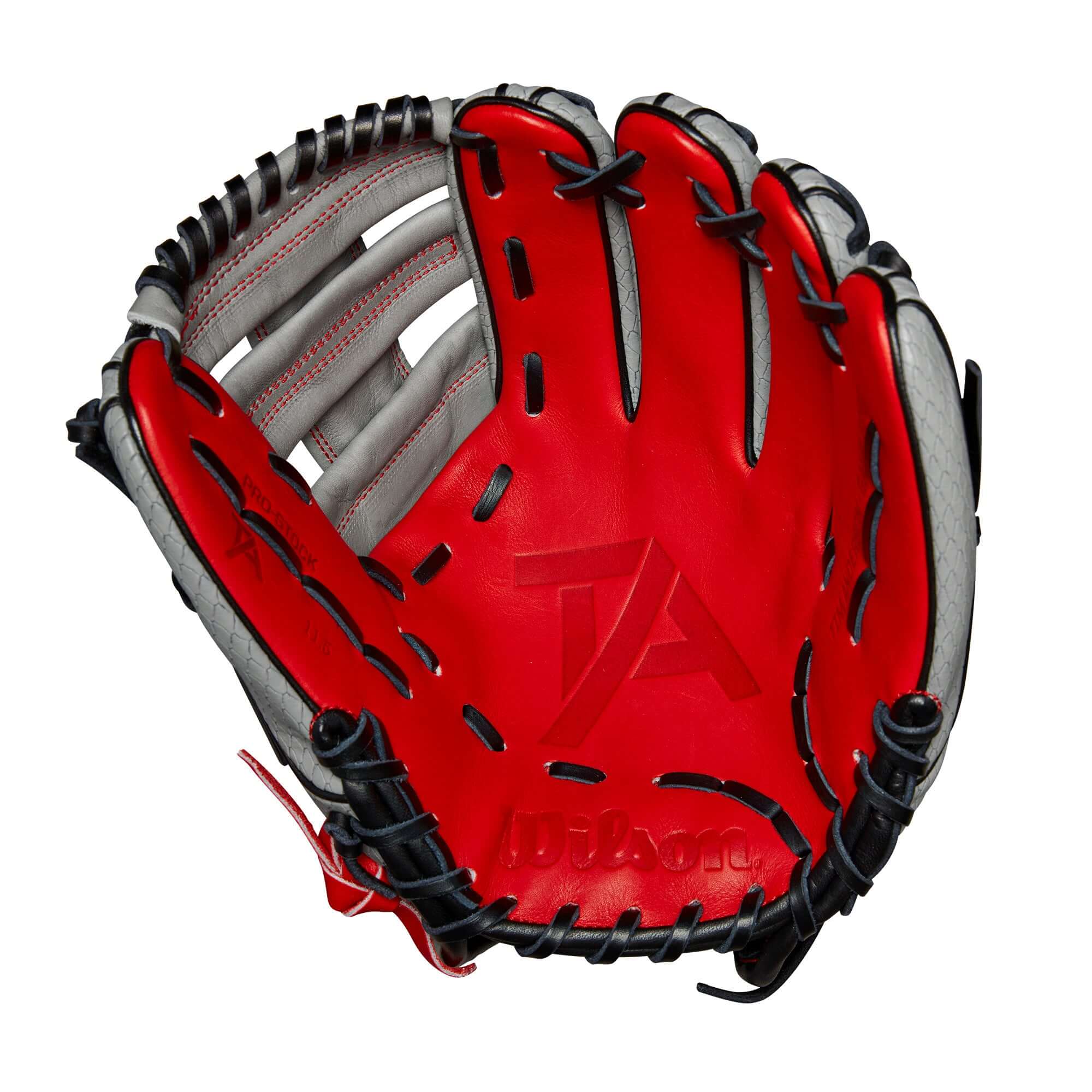 Wilson 2024 A2000 Tim Anderson 11.5” infield baseball glove with red Pro Stock leather and reinforced H-Web design.