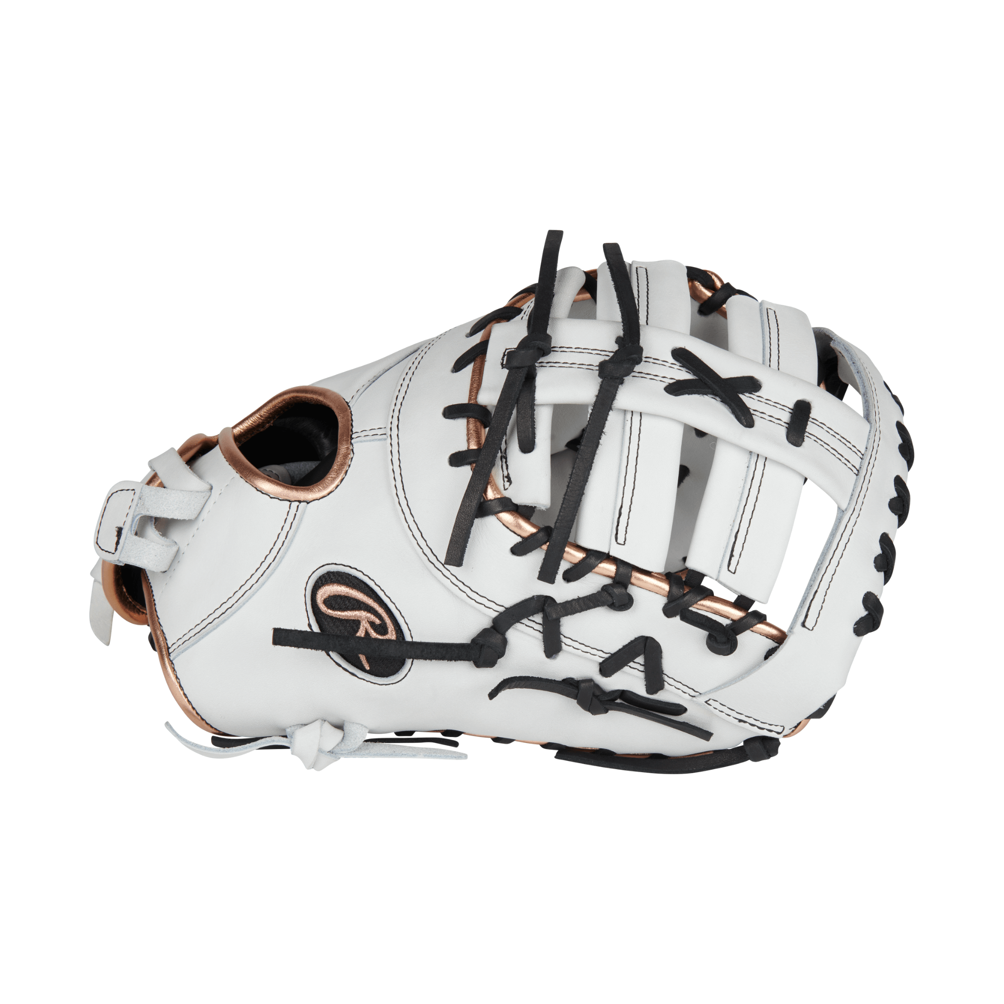 Rawlings Heart Of The Hide 13" Fastpitch Softball First Base Mitt in white and black, featuring durable leather and improved fit closures.