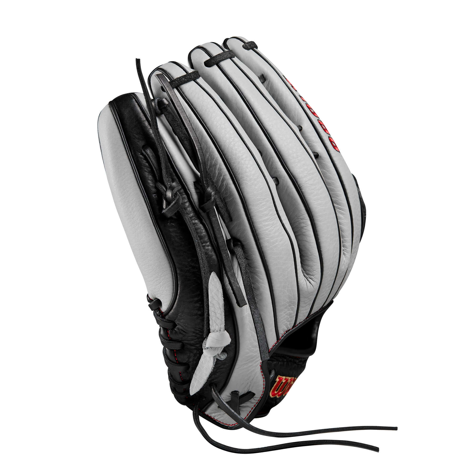 Wilson 2024 A1000 1750 Outfield Baseball Glove in Silver, Black, and Red, featuring a Dual Post Web design.