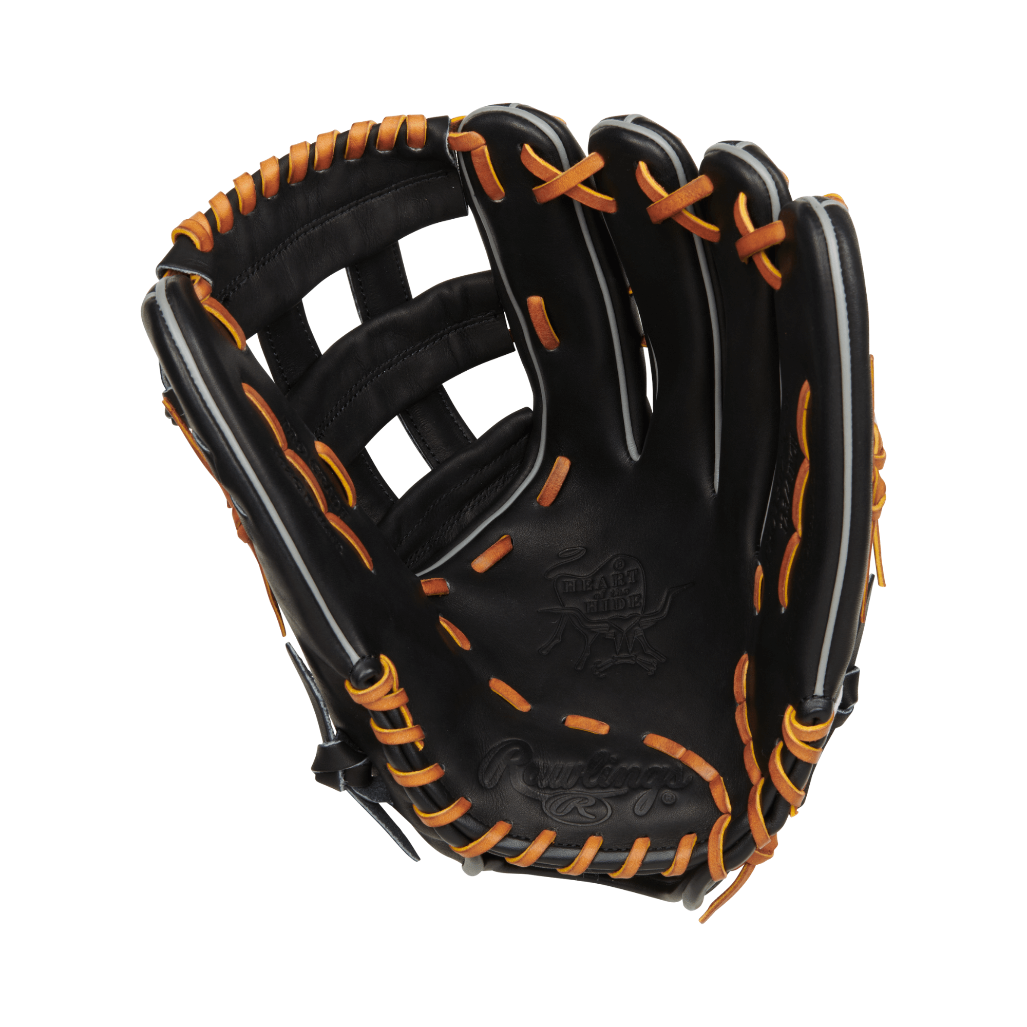 Rawlings Heart Of The Hide Traditional Series baseball glove in black with orange stitching, designed for outfield play.