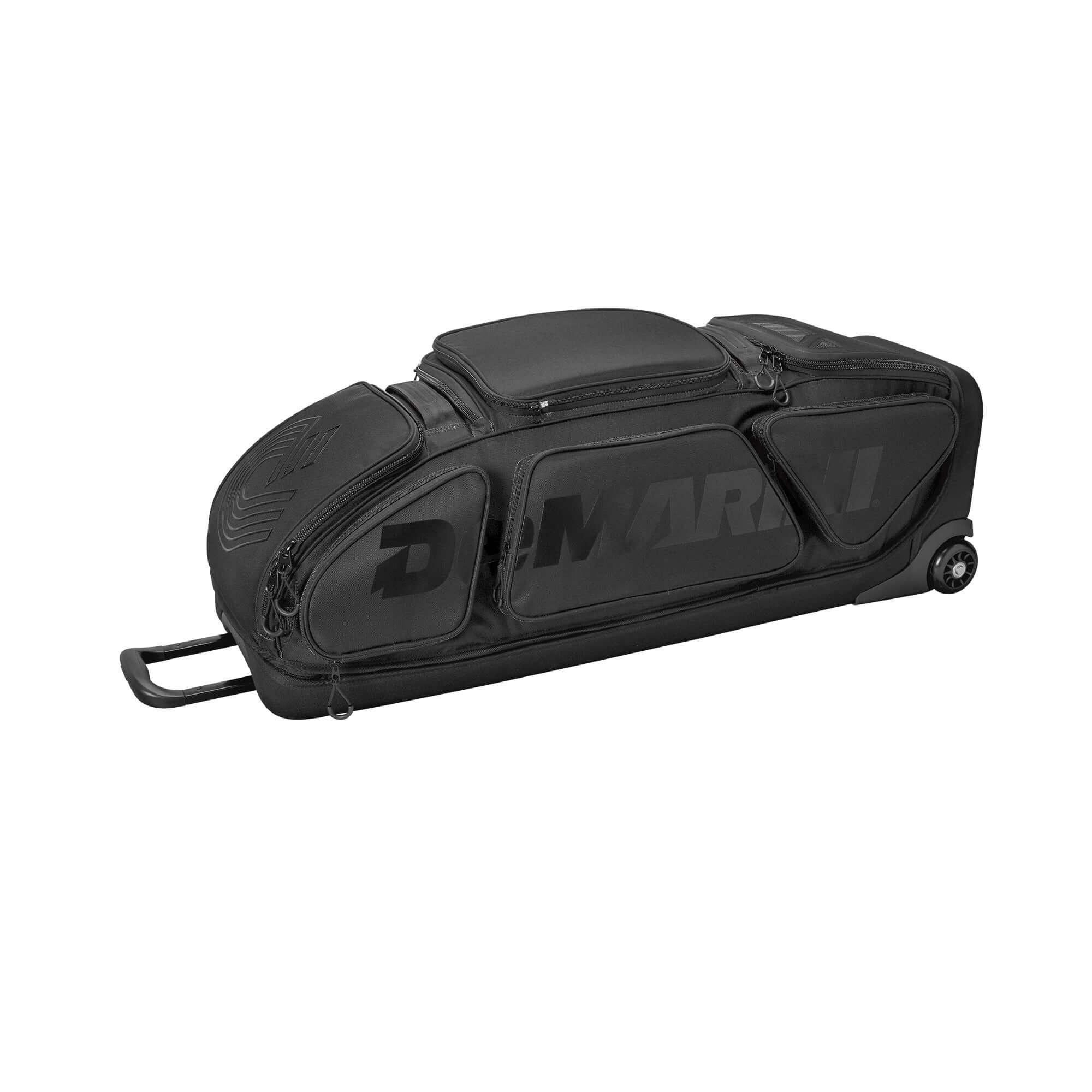 DeMarini Special Ops Front Line Wheeled Bag featuring a sleek black design and spacious compartments for gear and bats.