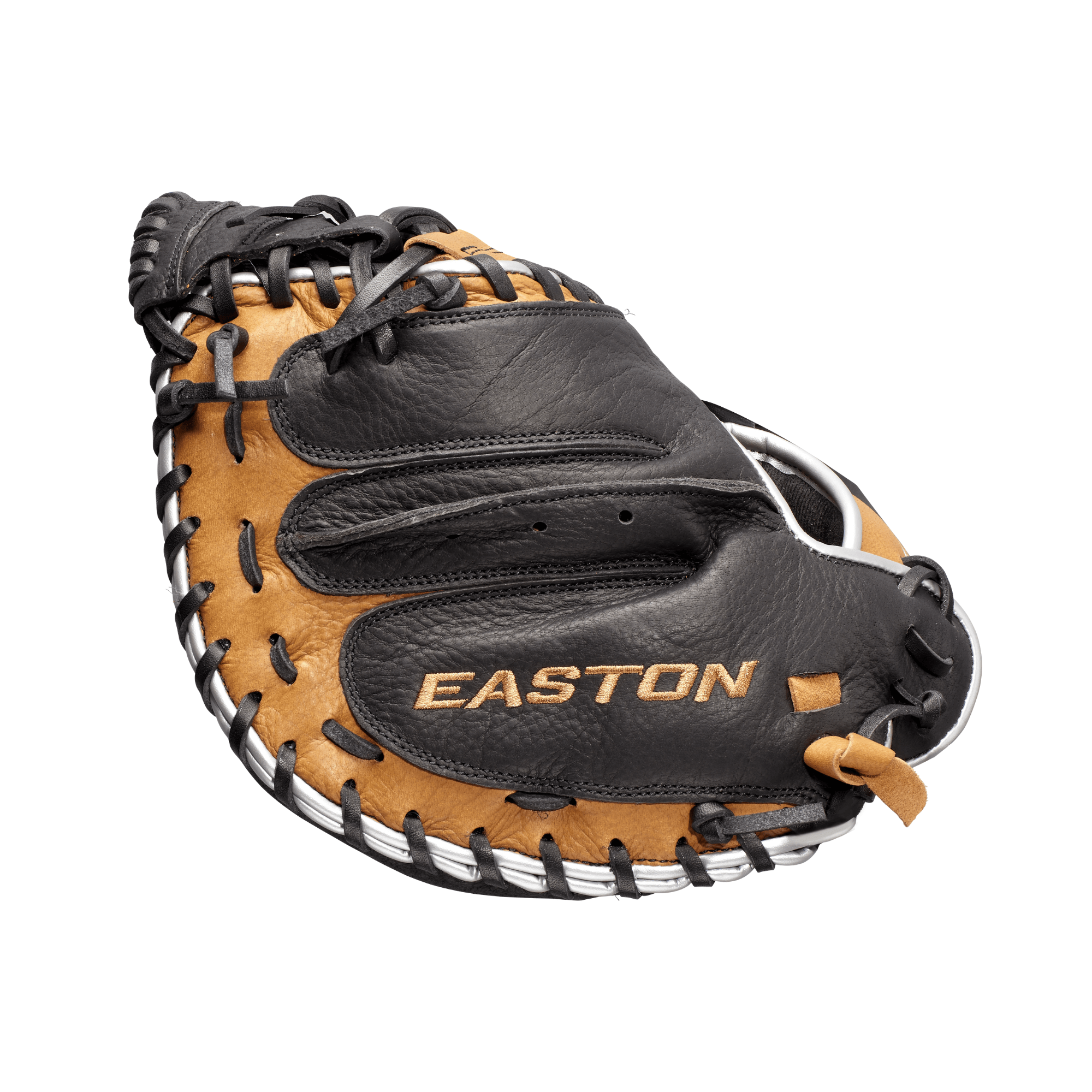 Easton Future Elite catcher's mitt baseball glove in black and tan, designed for youth players, enhancing performance on the field.