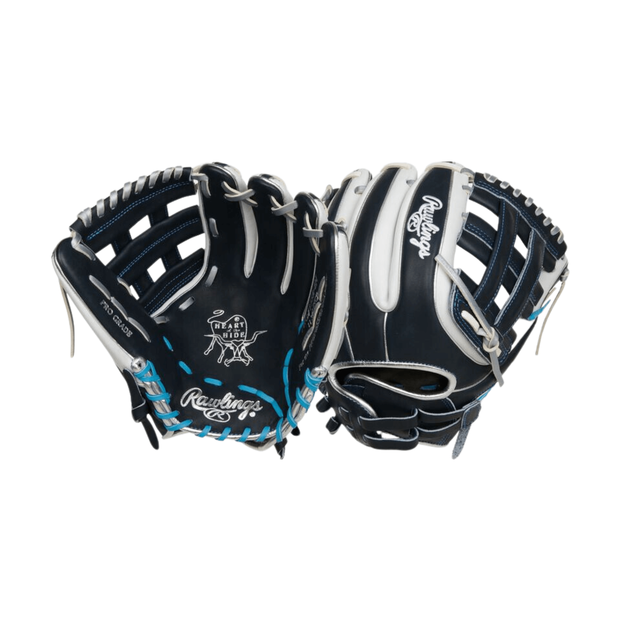 Rawlings Heart of the Hide 11.75" softball glove featuring black leather and blue accents, ideal for slowpitch players.