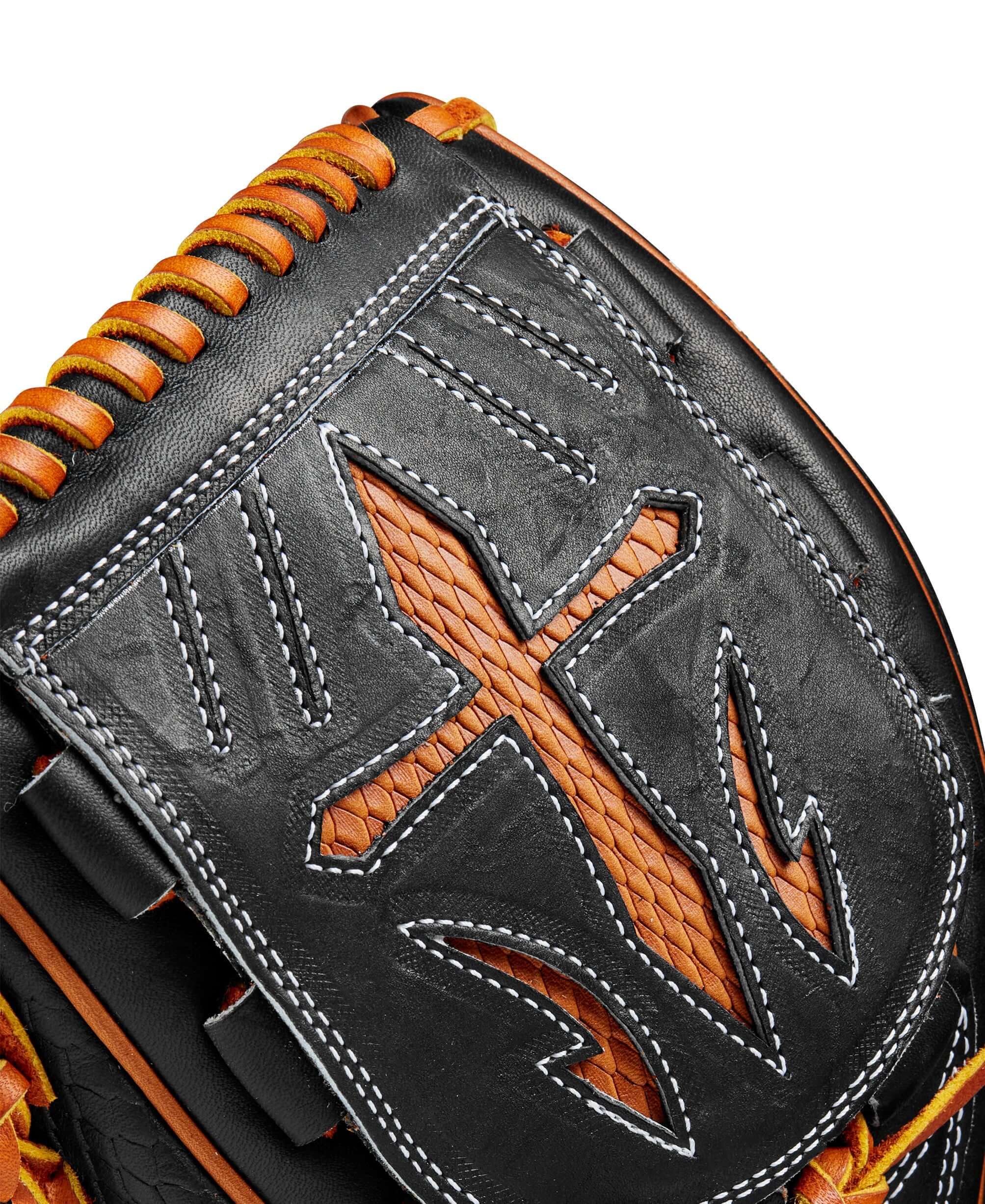 Close-up of the Wilson A2K B23 pitcher's baseball glove showcasing intricate stitching and design details.