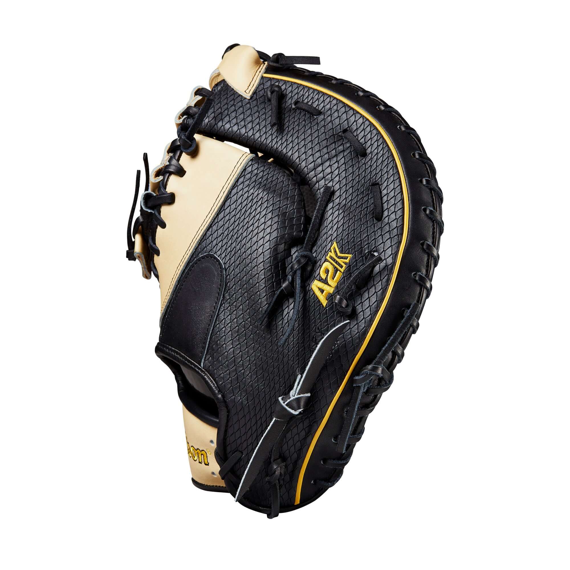 Wilson A2K Jose Abreu 12.5" first base mitt in black and cream with Spin Control Technology. Perfect for anchoring the infield.