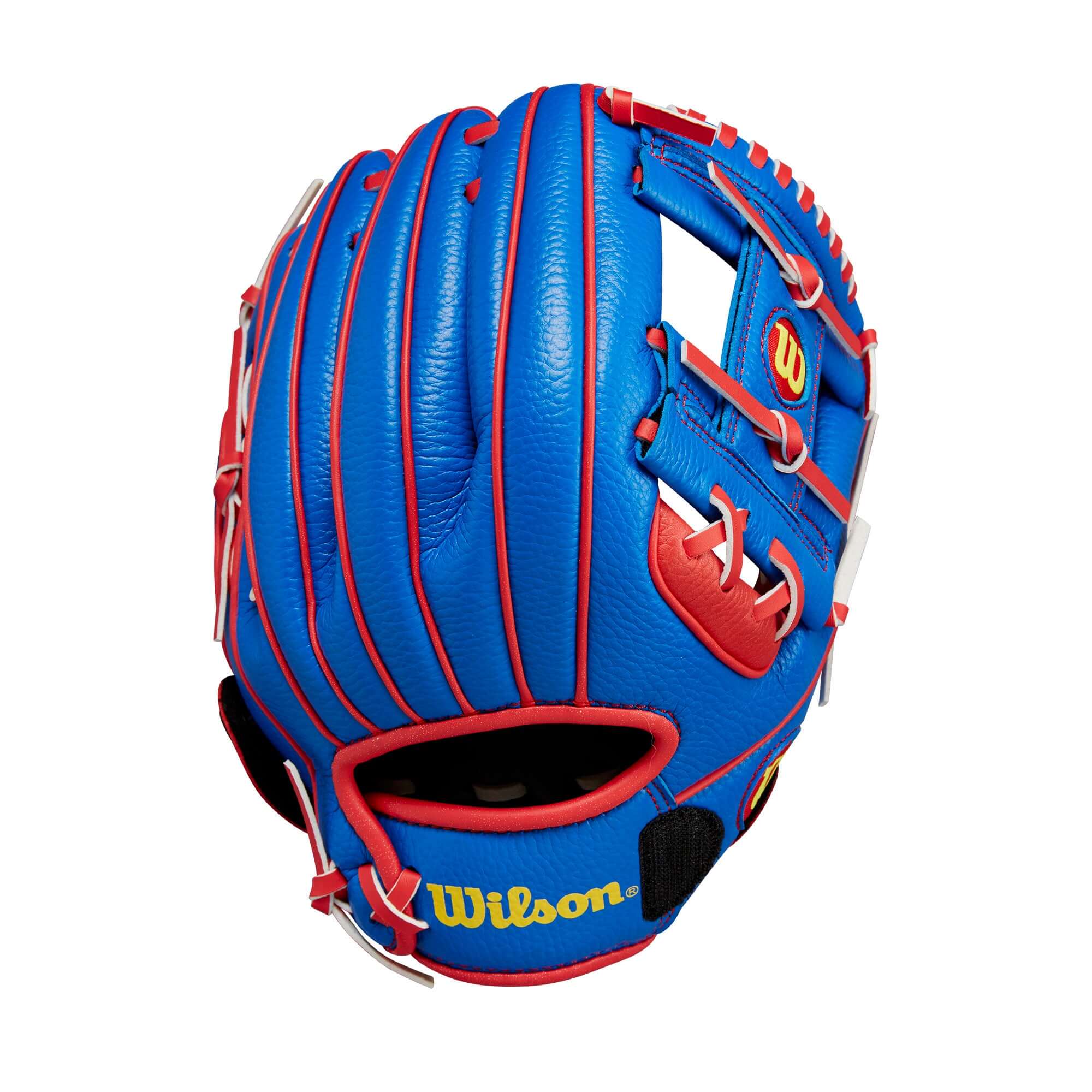 Wilson 2024 A200 EZ Catch 10" T-Ball Glove in royal blue and red for young players, featuring a secure fit and catch assist strap.