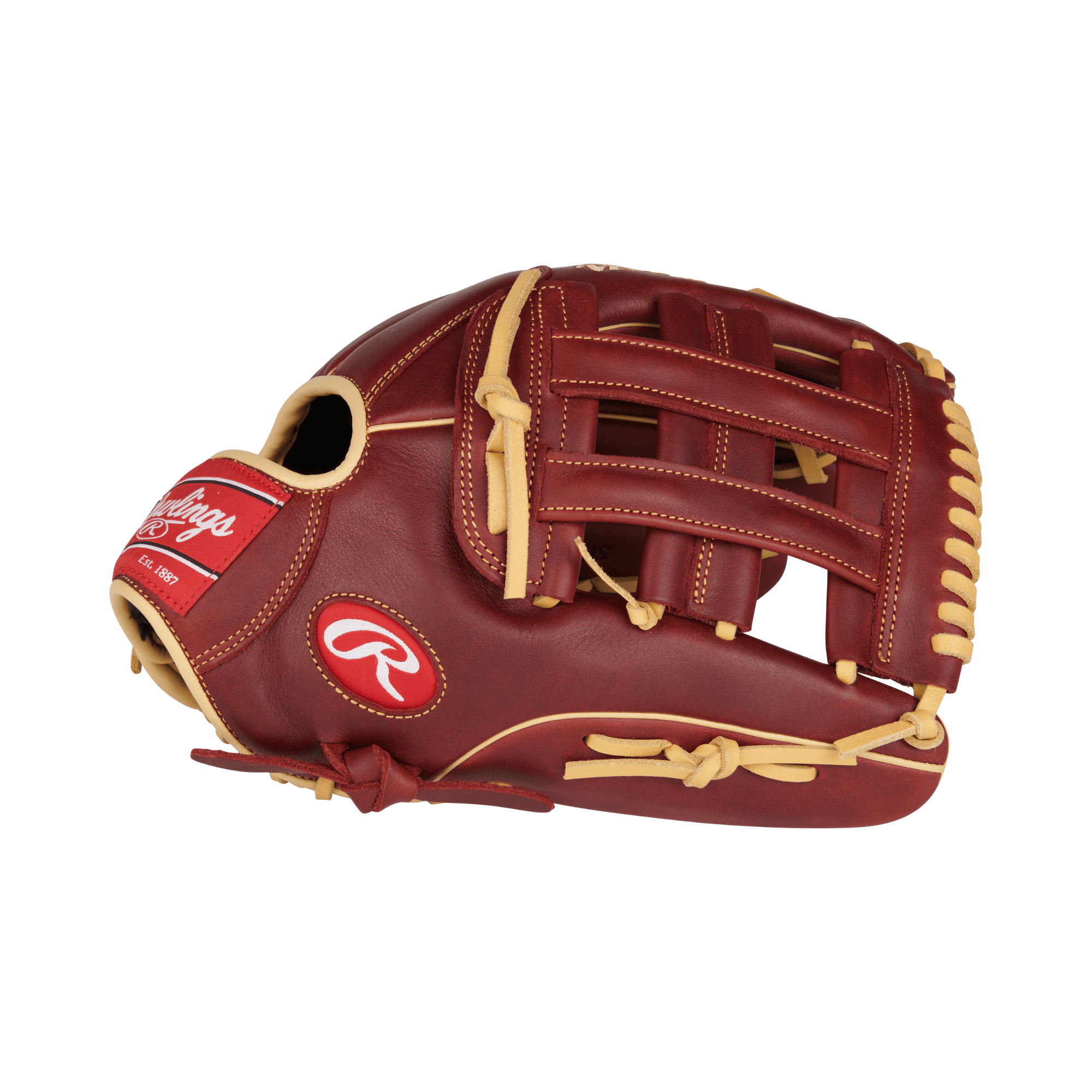 Rawlings Sandlot Series Outfield Glove 12.75" RHT in vintage red leather with padded palm and finger protection.