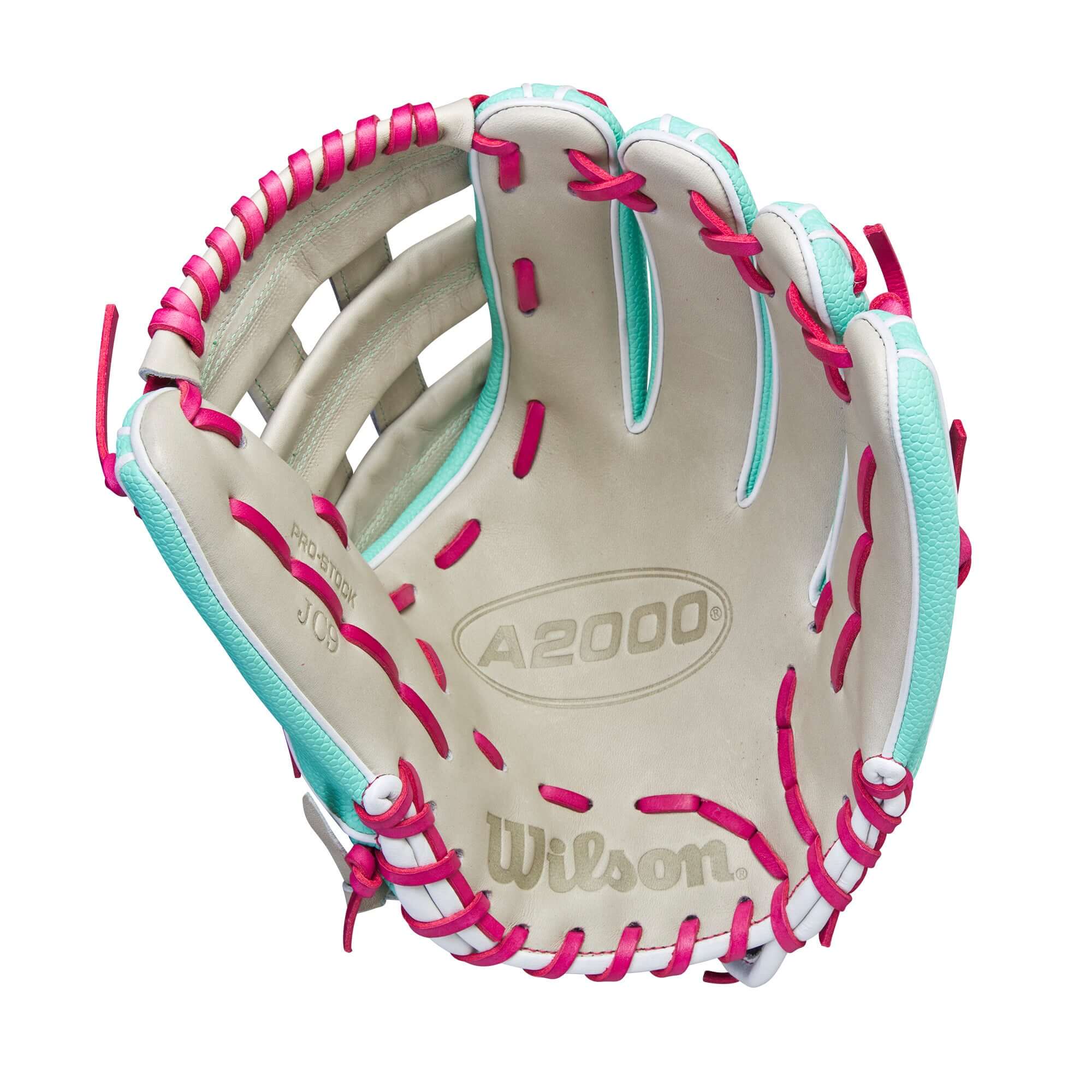 Wilson A2000 Glove of the Month September 2023 for infielders in pink and turquoise with Pro Stock Leather and cushioned grip.