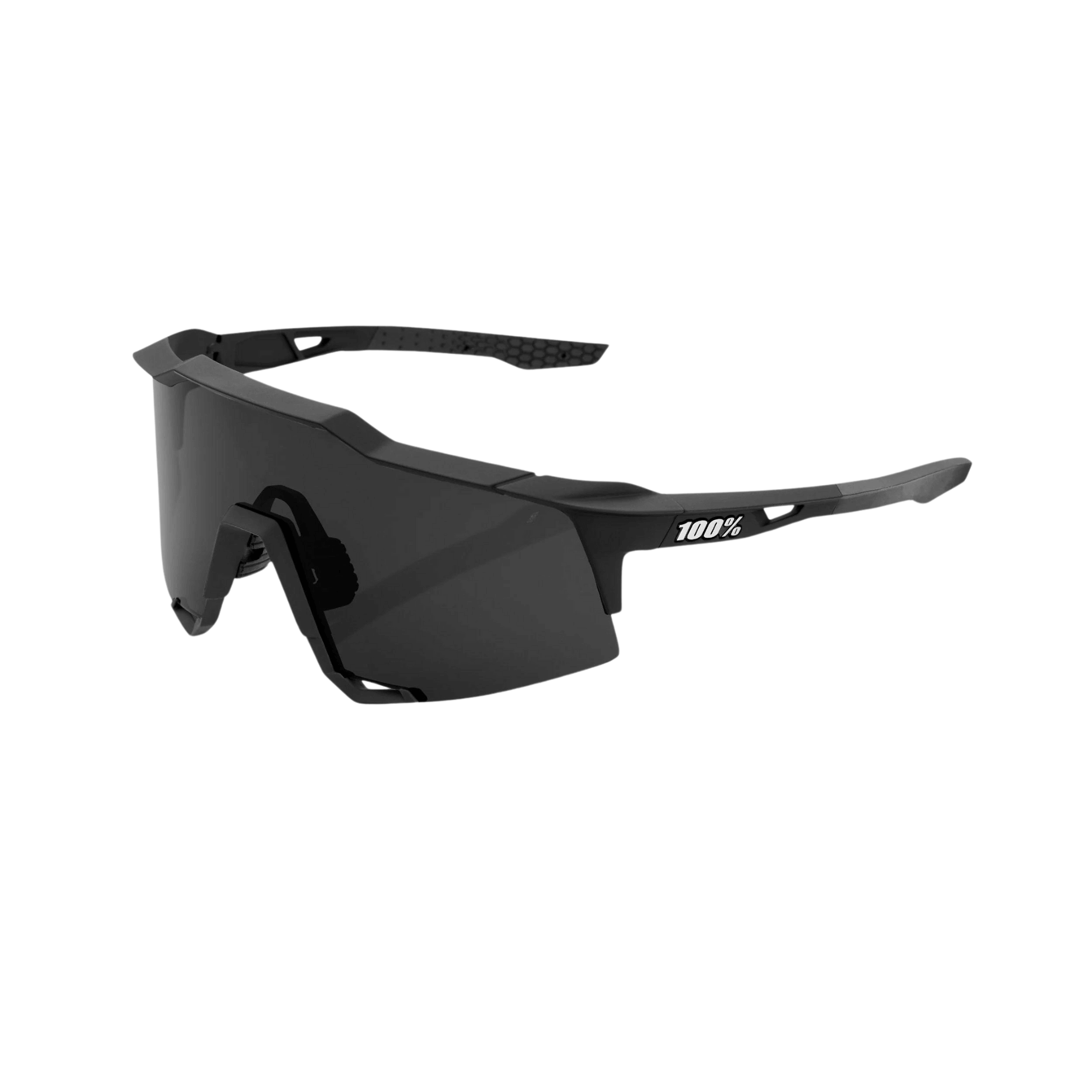 100% Soft Tact Black sunglasses with smoke lens, ultra-grip rubber nose and temple pieces.