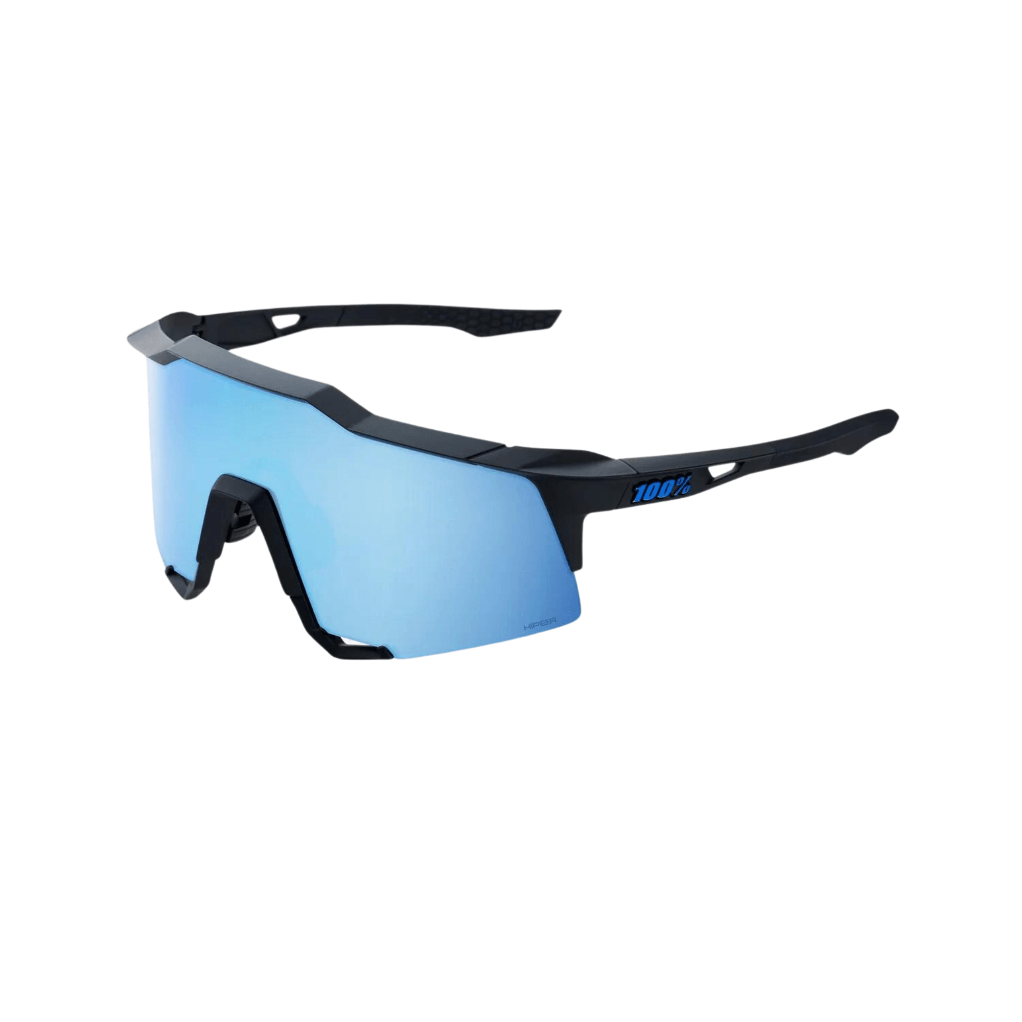 100% Speedcraft sunglasses with matte black frame and blue mirror lens, designed for optimal visibility and protection.
