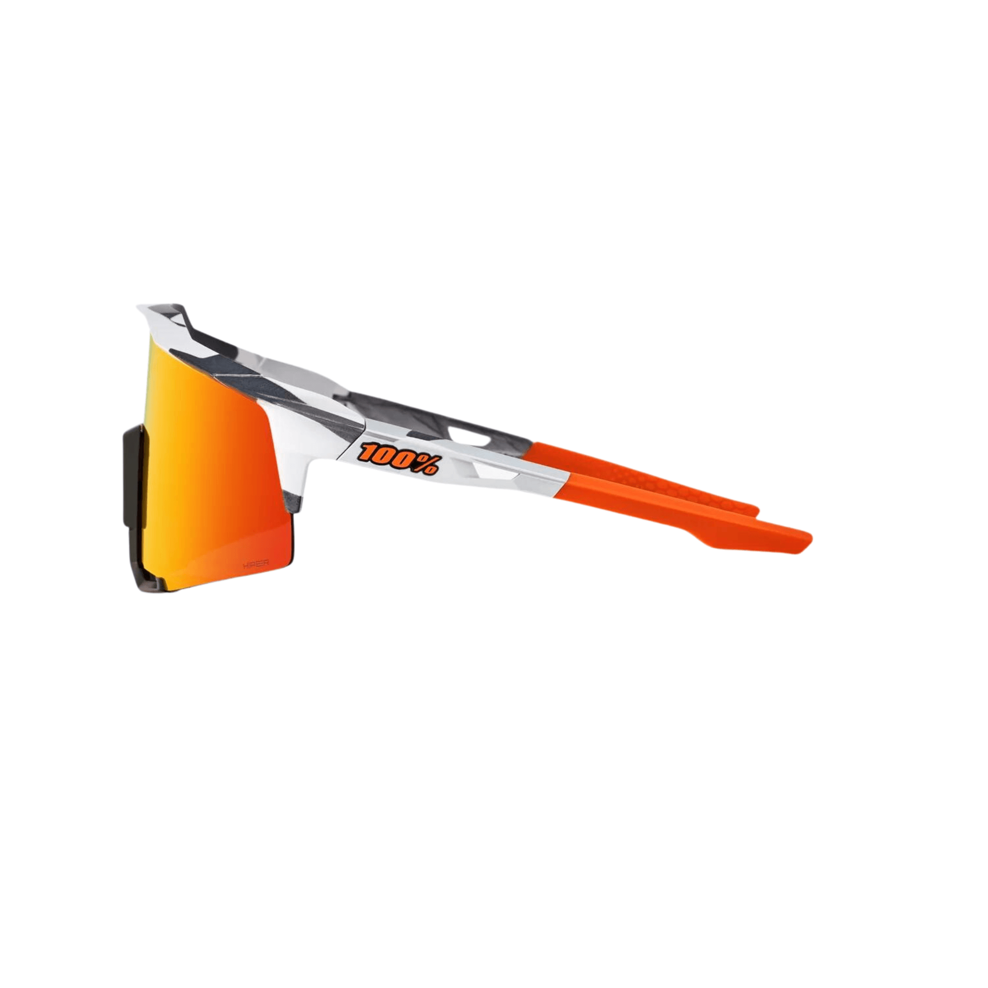 100% Speedcraft sunglasses in grey camo with Hiper red multilayer mirror lens, offering lightweight and high-impact resistance.