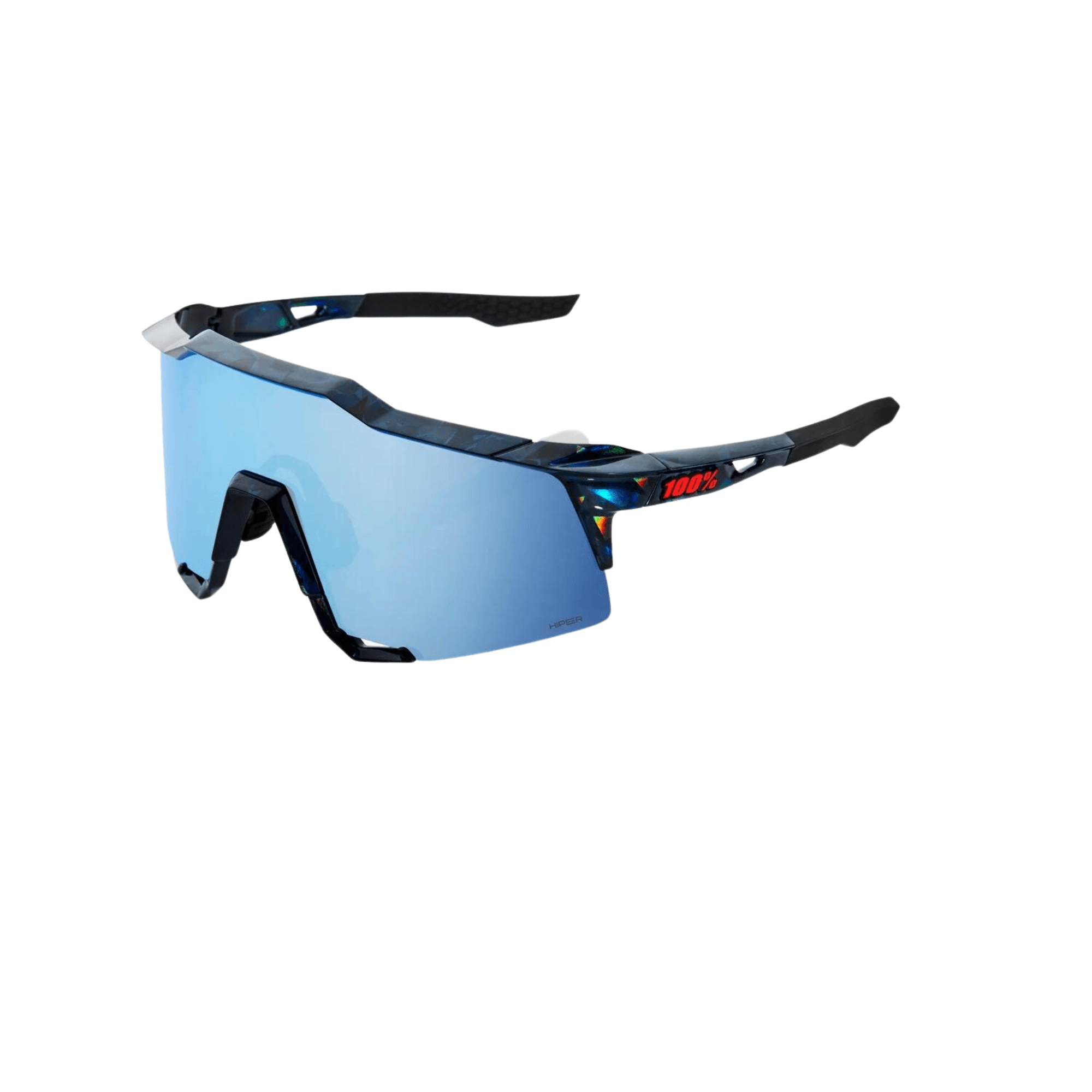 100% Speedcraft Black Holographic Hiper Blue Multilayer Mirror Lens sunglasses with high-impact polycarbonate frame.