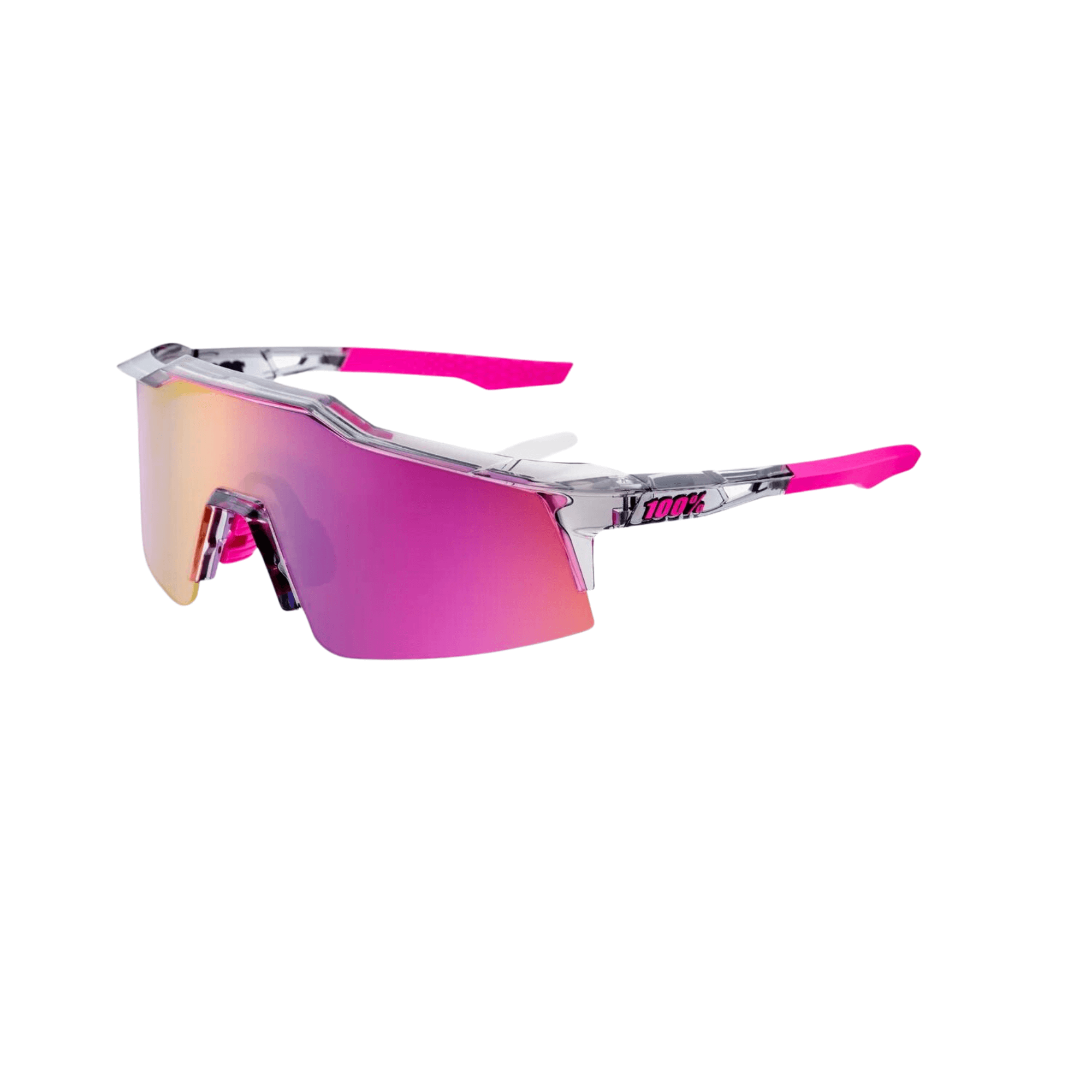 100% Speedcraft sunglasses with polished grey purple multilayer mirror lens and pink temple arms, offering maximum visibility and UV protection.