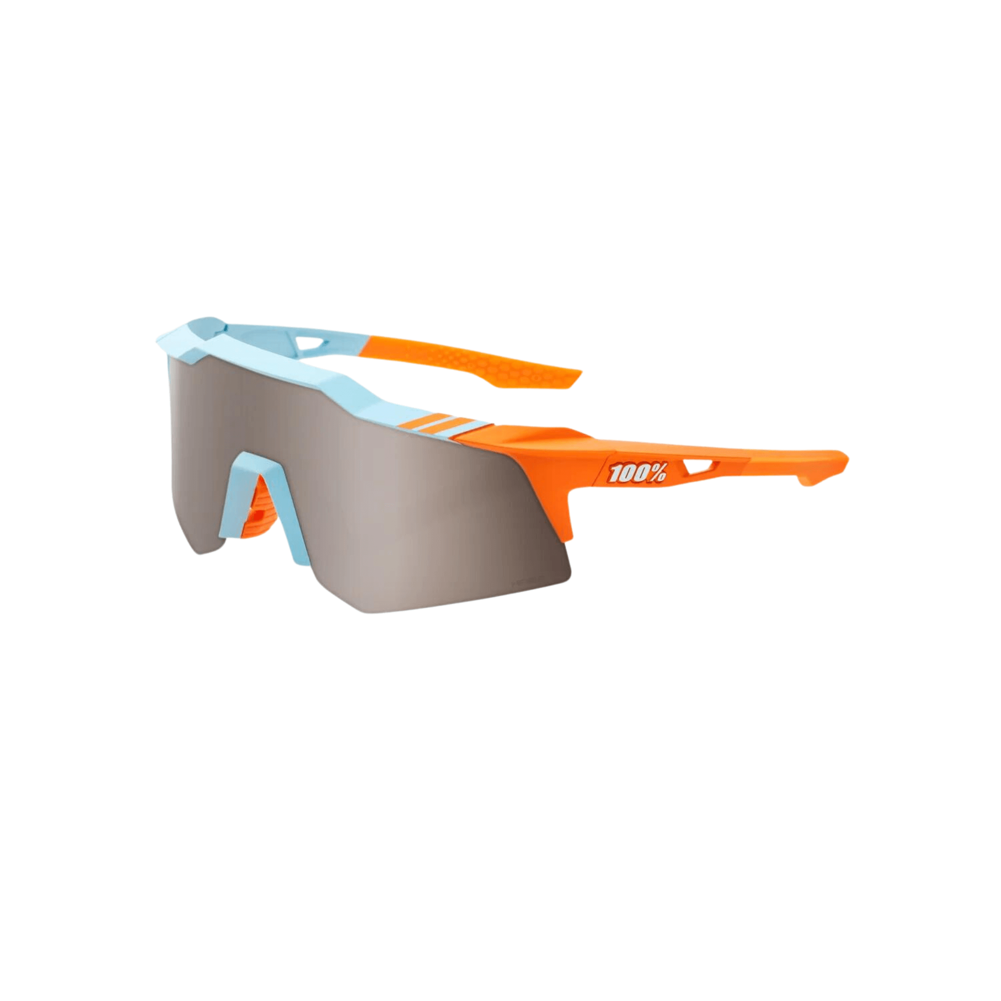 100% Speedcraft XS Soft Tact sunglasses with Hiper Silver mirror lens in two-tone blue and orange design.