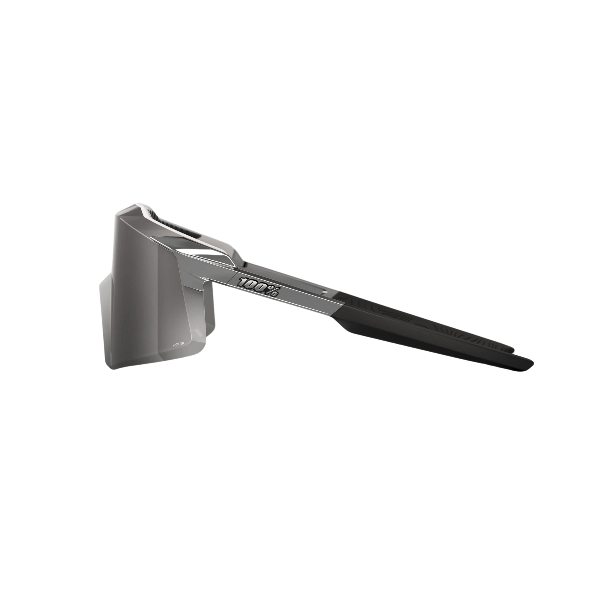 Side view of 100% Aerocraft Gloss Black Chrome HiPER® Silver Mirror Lens sunglasses with a frameless design.