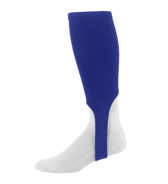 Augusta Baseball Stirrup in purple with white sock, knee-length cut, elastic cuff design, perfect for athletic wear.